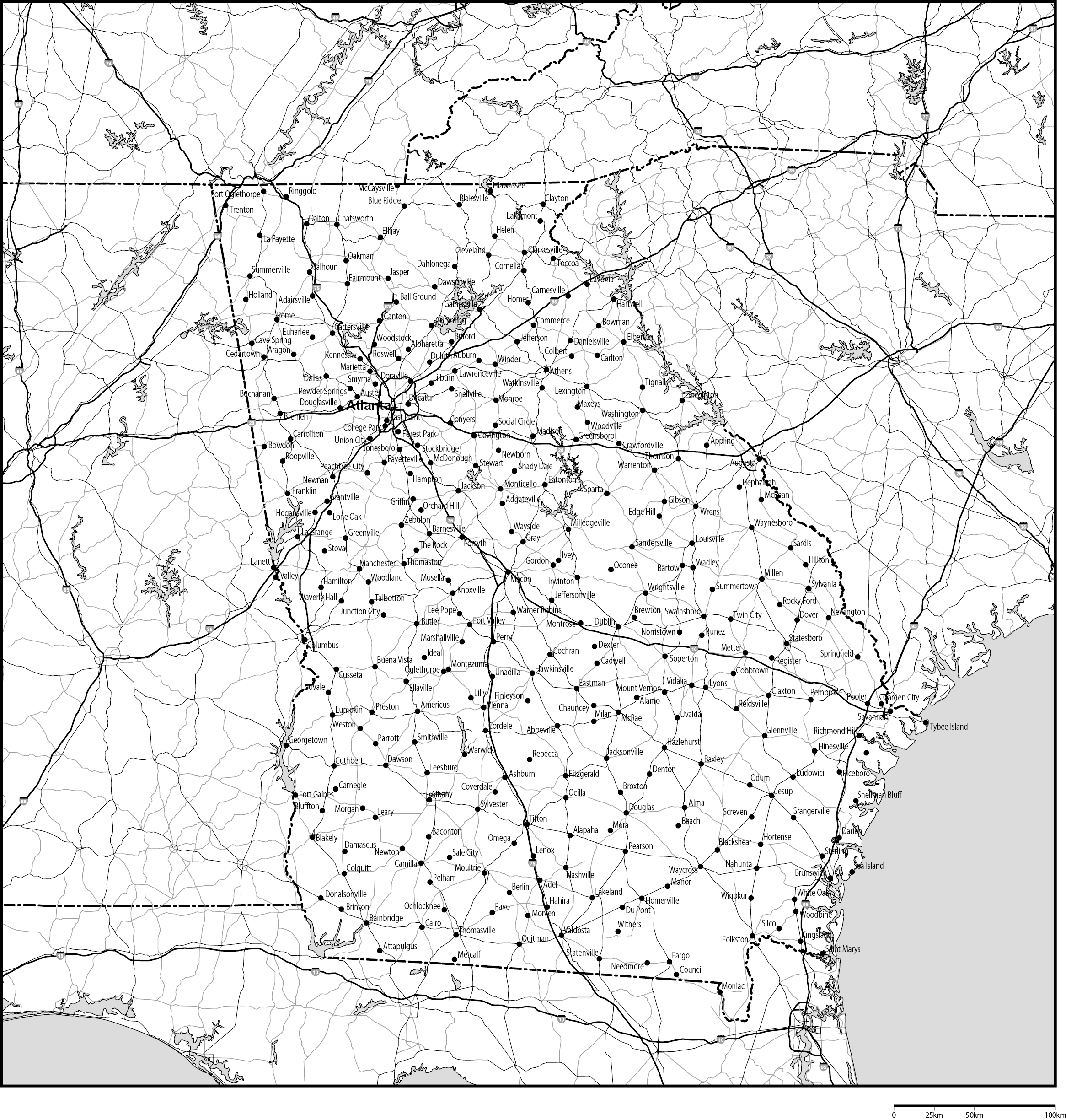 ジョージア州白地図州都・主な都市・道路あり(英語)フリーデータの画像