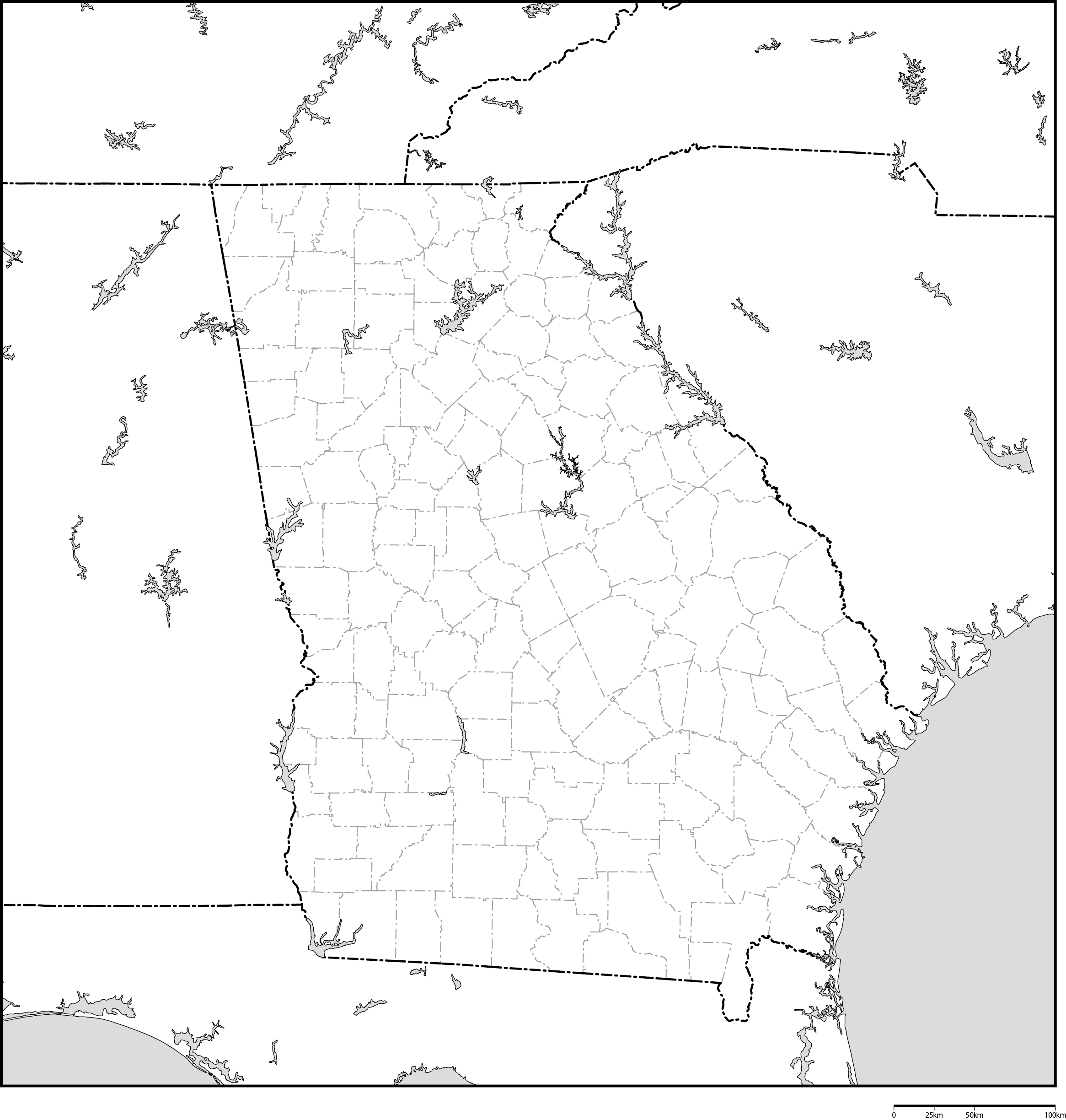 ジョージア州郡分け白地図フリーデータの画像