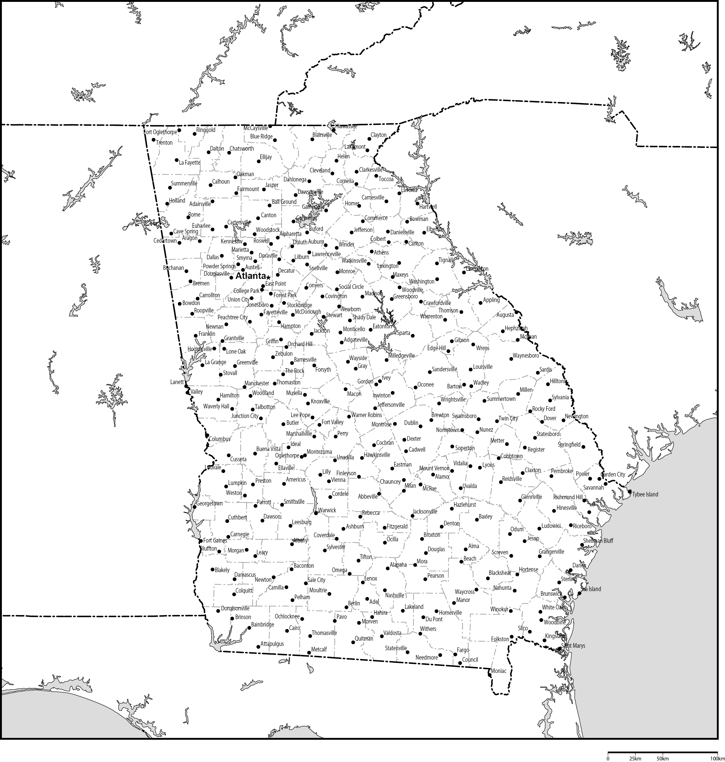 ジョージア州郡分け白地図州都・主な都市あり(英語)フリーデータの画像