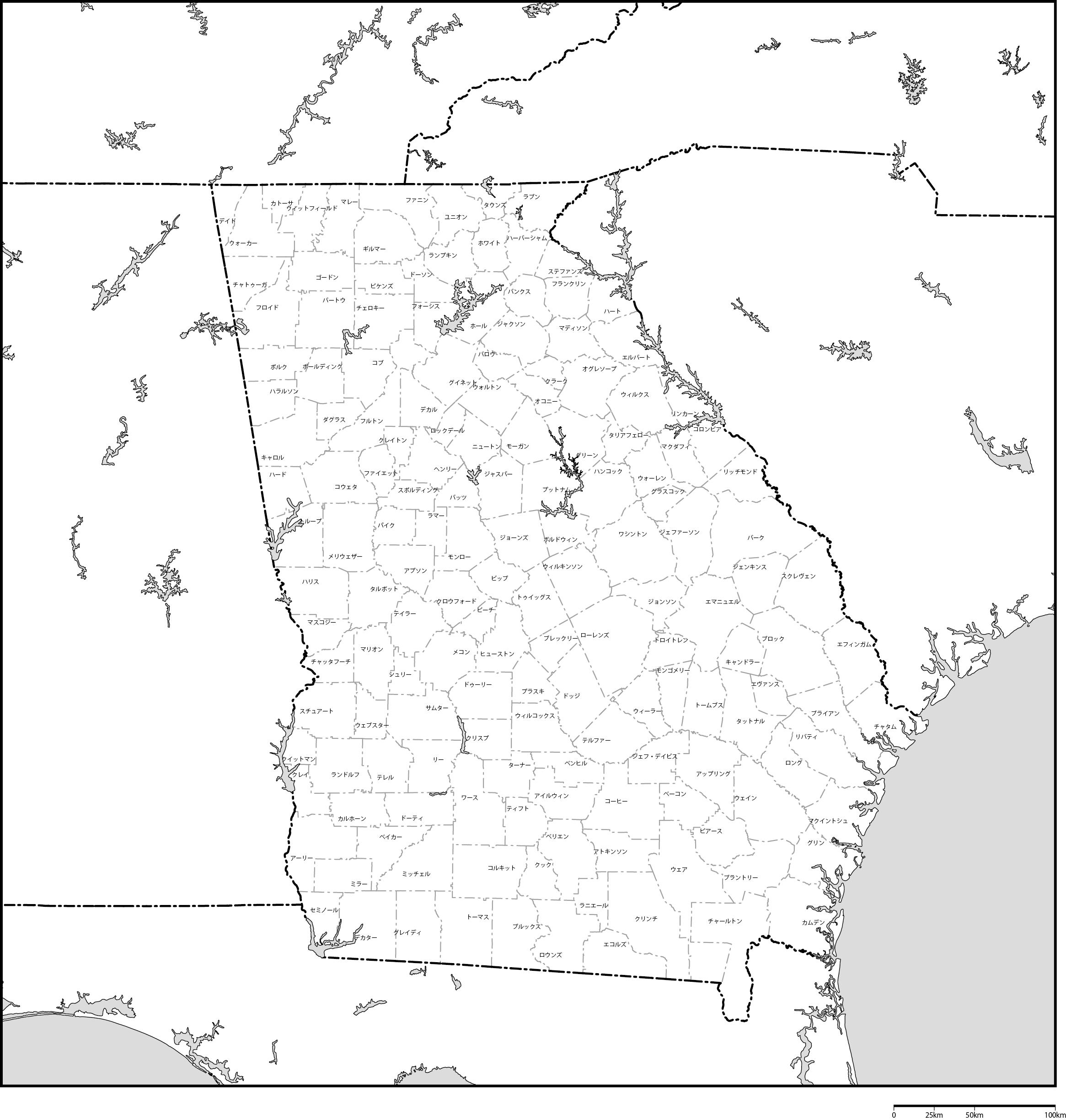 ジョージア州郡分け地図郡名あり(日本語)フリーデータの画像