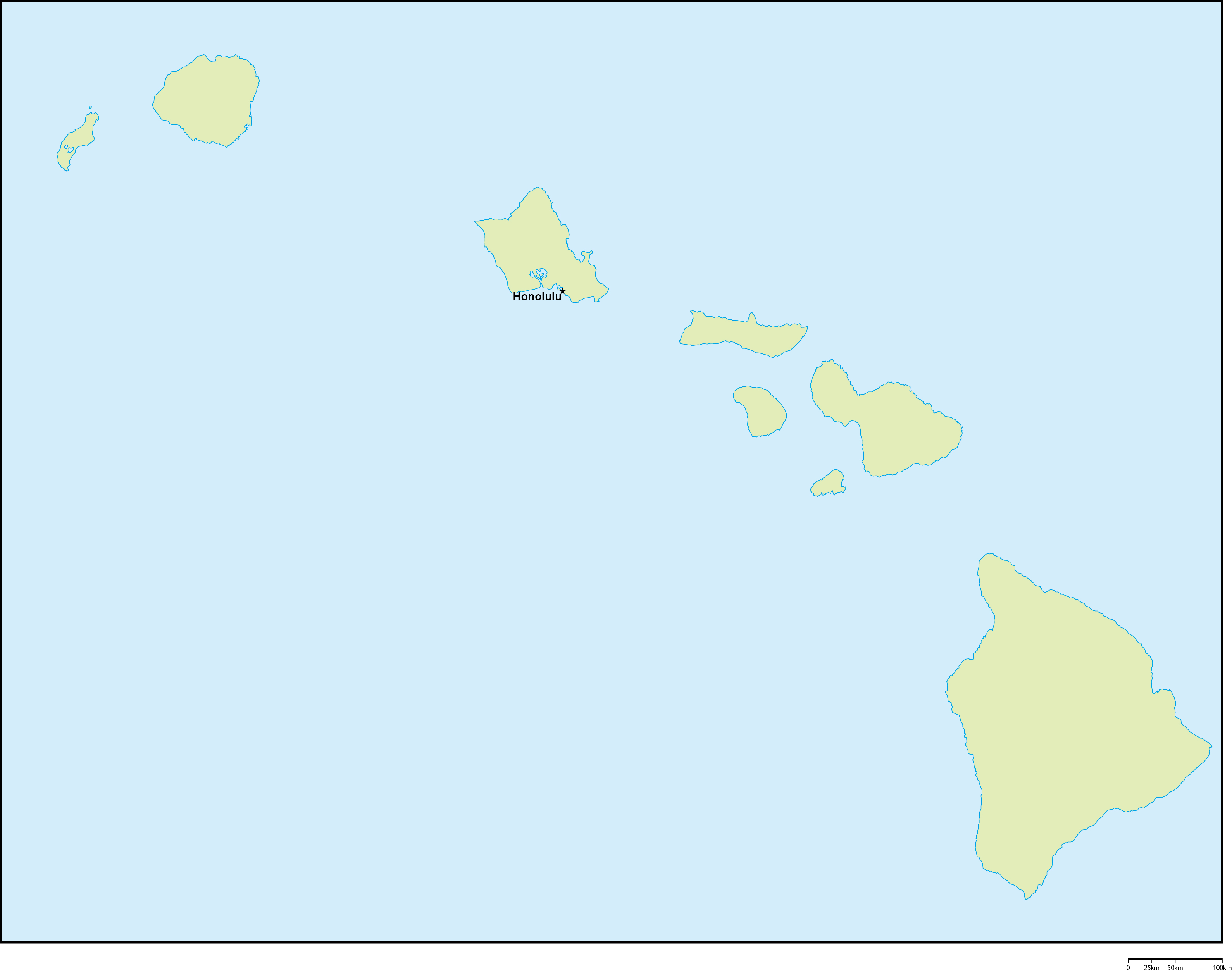 ハワイ州地図州都あり(英語)フリーデータの画像