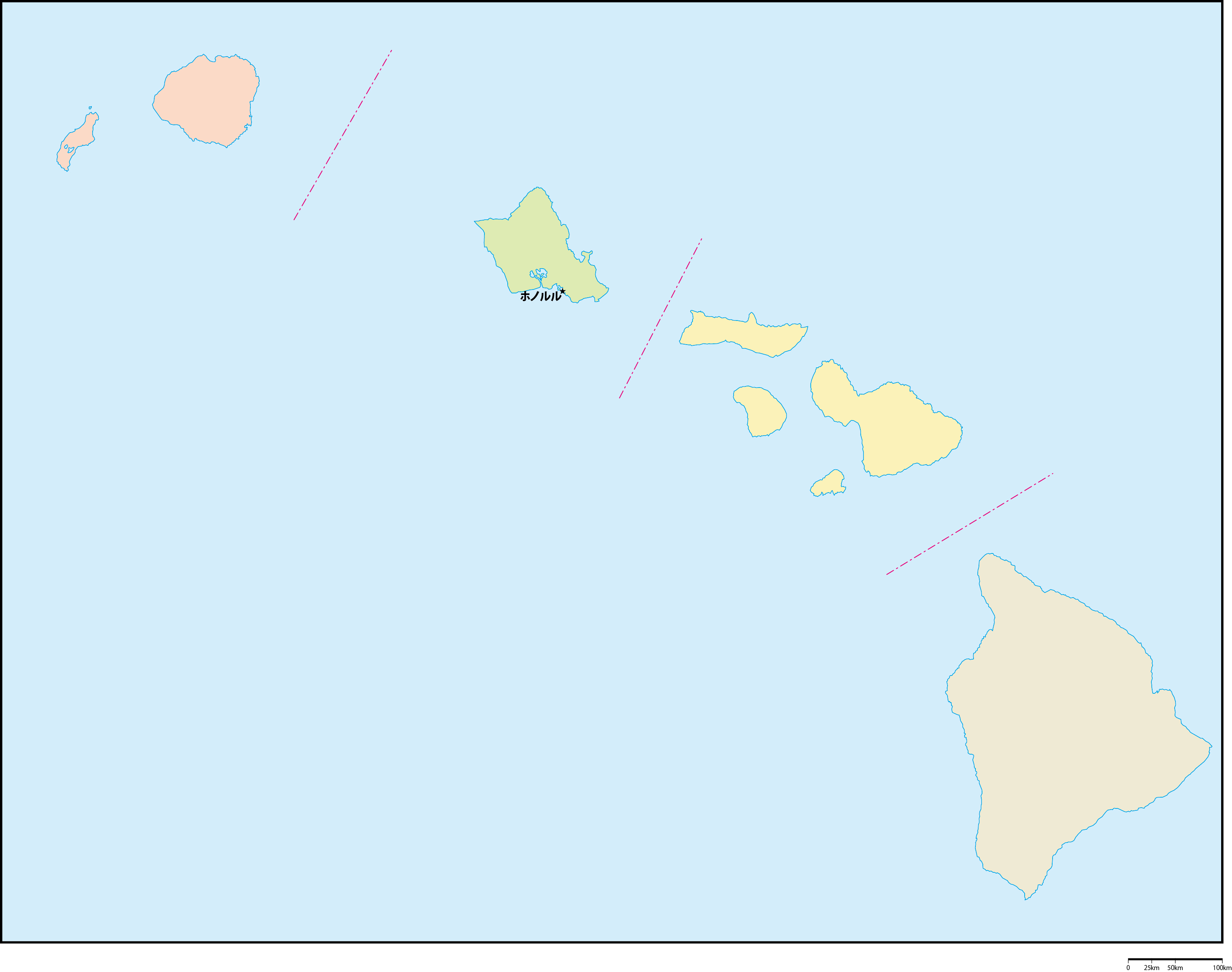ハワイ州郡色分け地図州都あり(日本語)フリーデータの画像