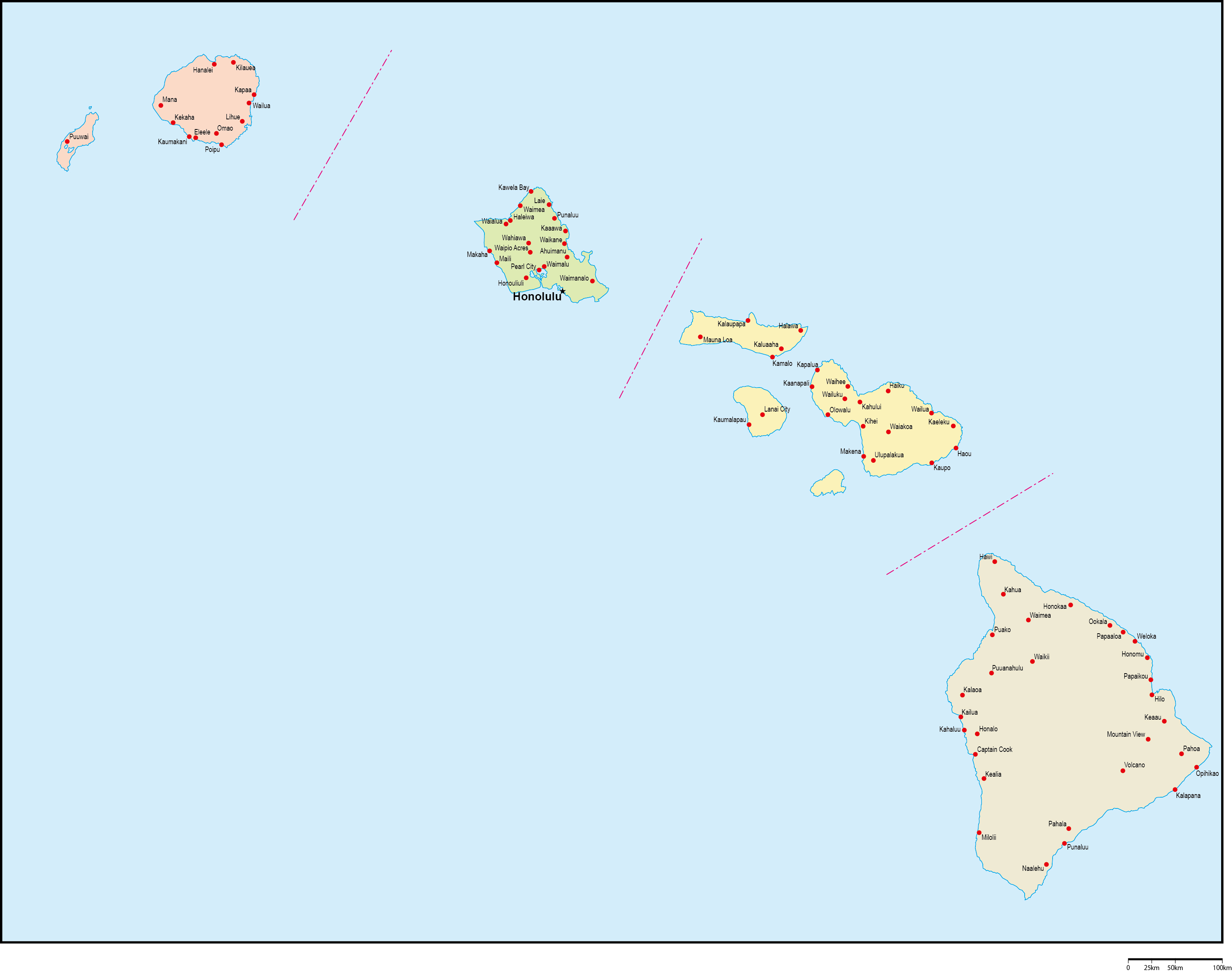 ハワイ州郡色分け地図州都・主な都市あり(英語)フリーデータの画像