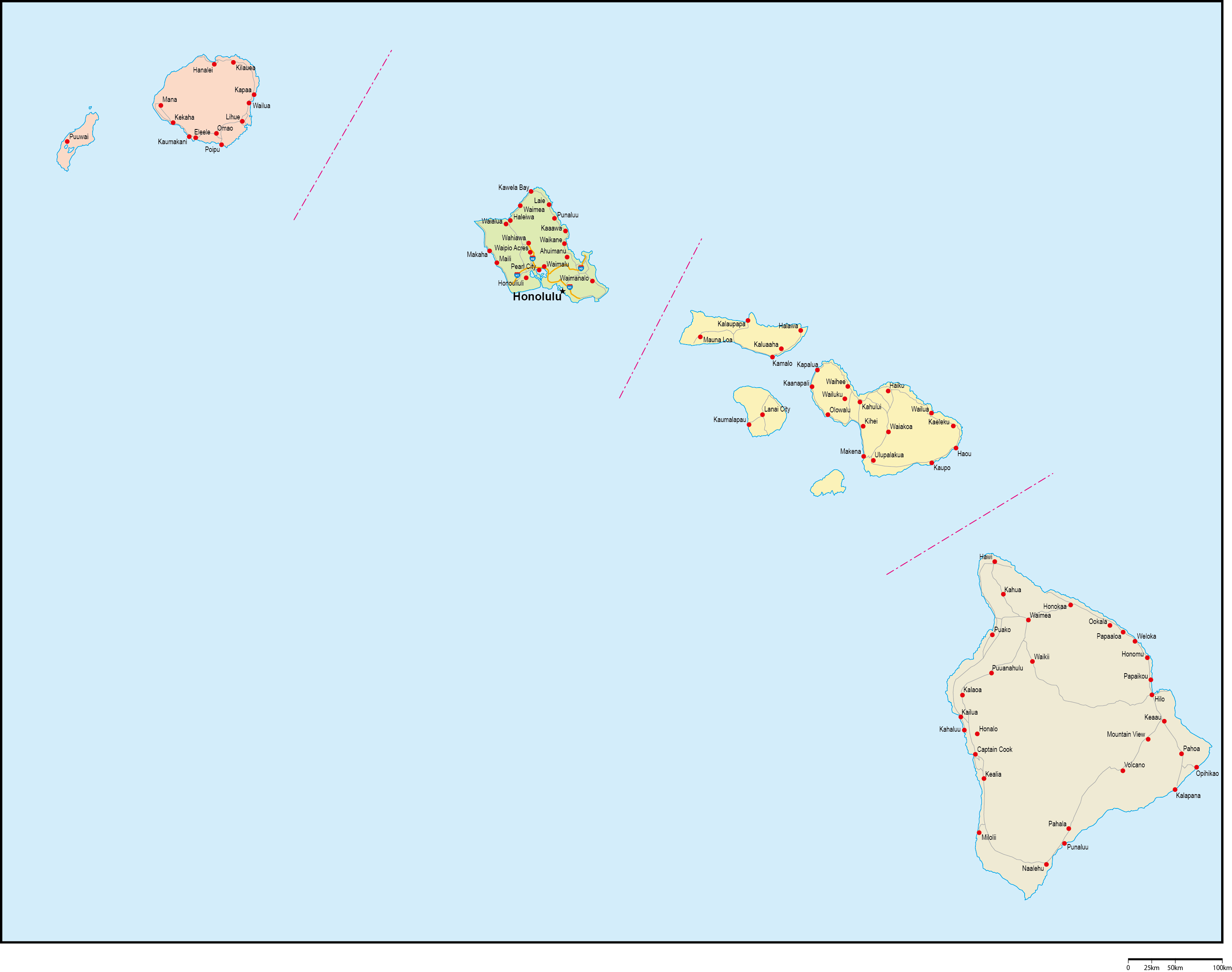 ハワイ州郡色分け地図州都・主な都市・道路あり(英語)フリーデータの画像