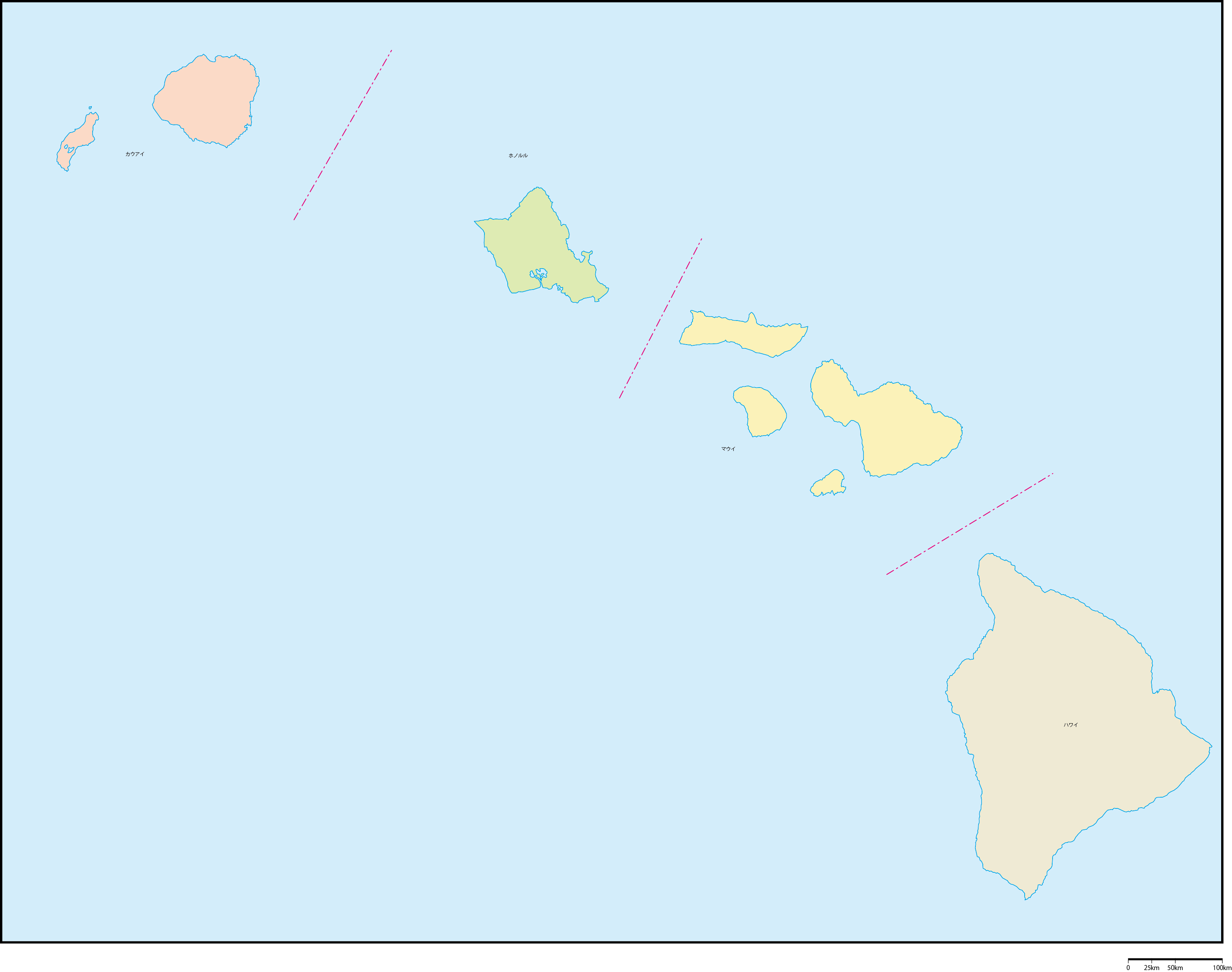 ハワイ州郡色分け地図郡名あり(日本語)フリーデータの画像
