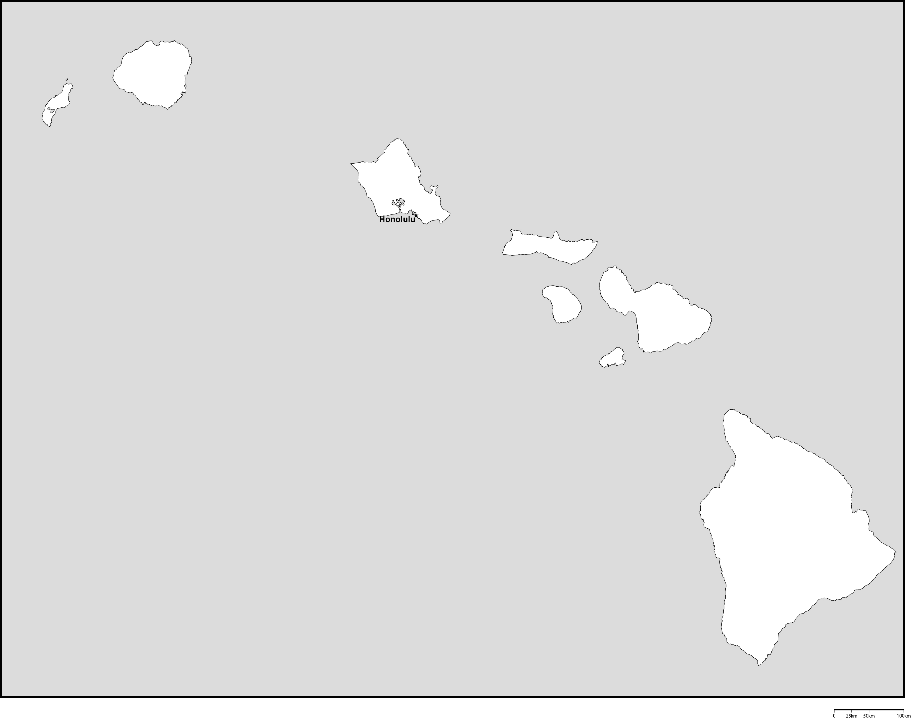 ハワイ州白地図州都あり(英語)フリーデータの画像