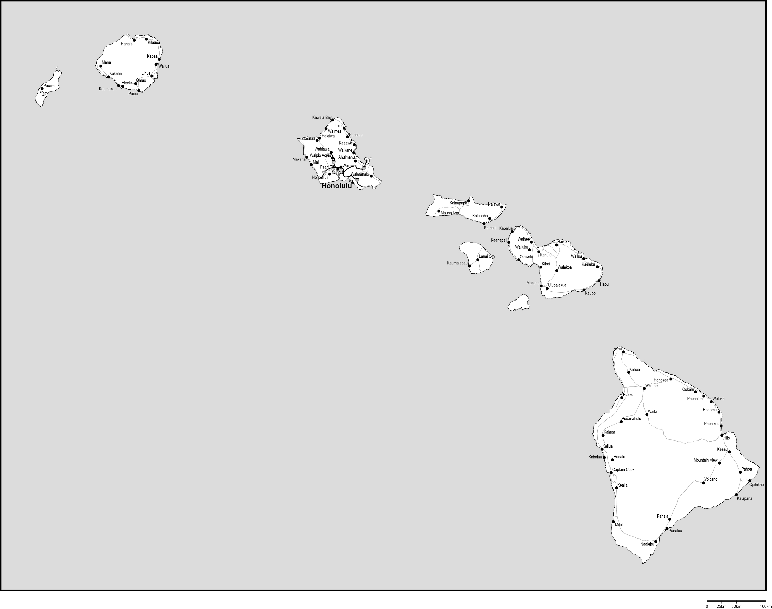 ハワイ州白地図州都・主な都市・道路あり(英語)フリーデータの画像