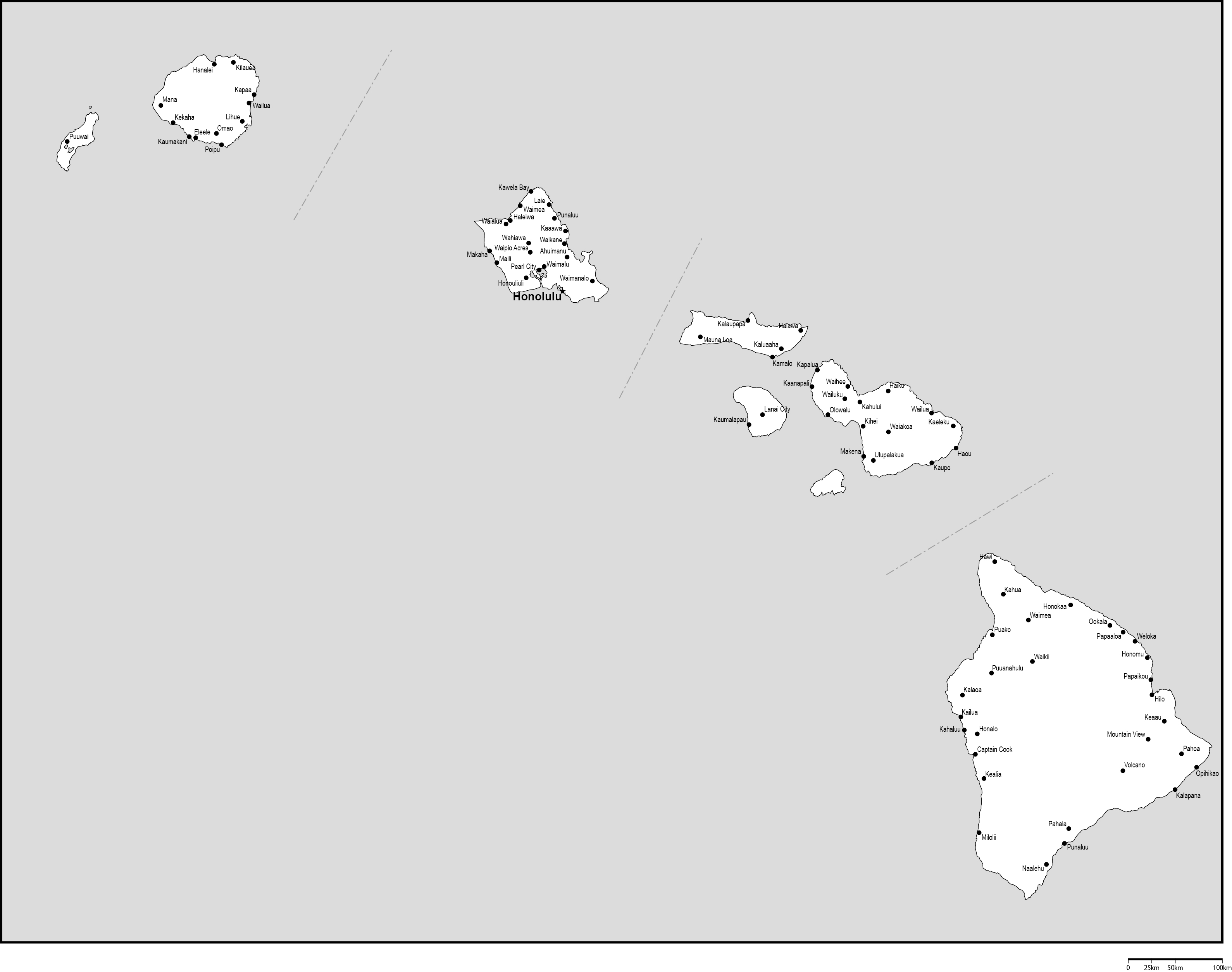 ハワイ州郡分け白地図州都・主な都市あり(英語)フリーデータの画像