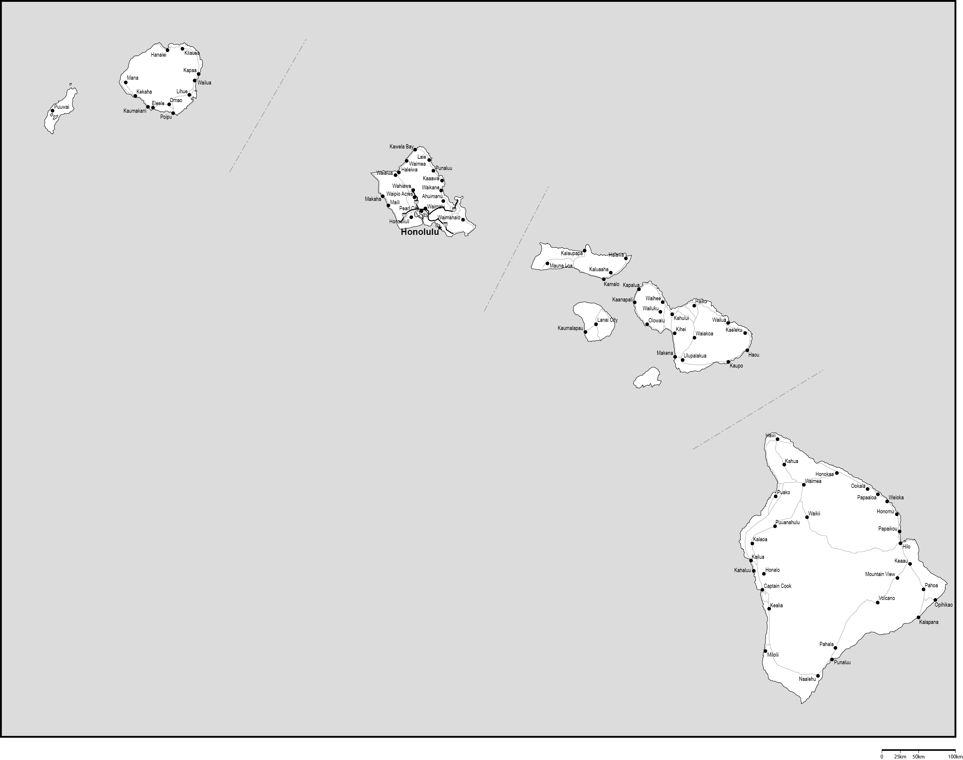 ハワイ州郡分け白地図州都・主な都市・道路あり(英語)フリーデータの画像