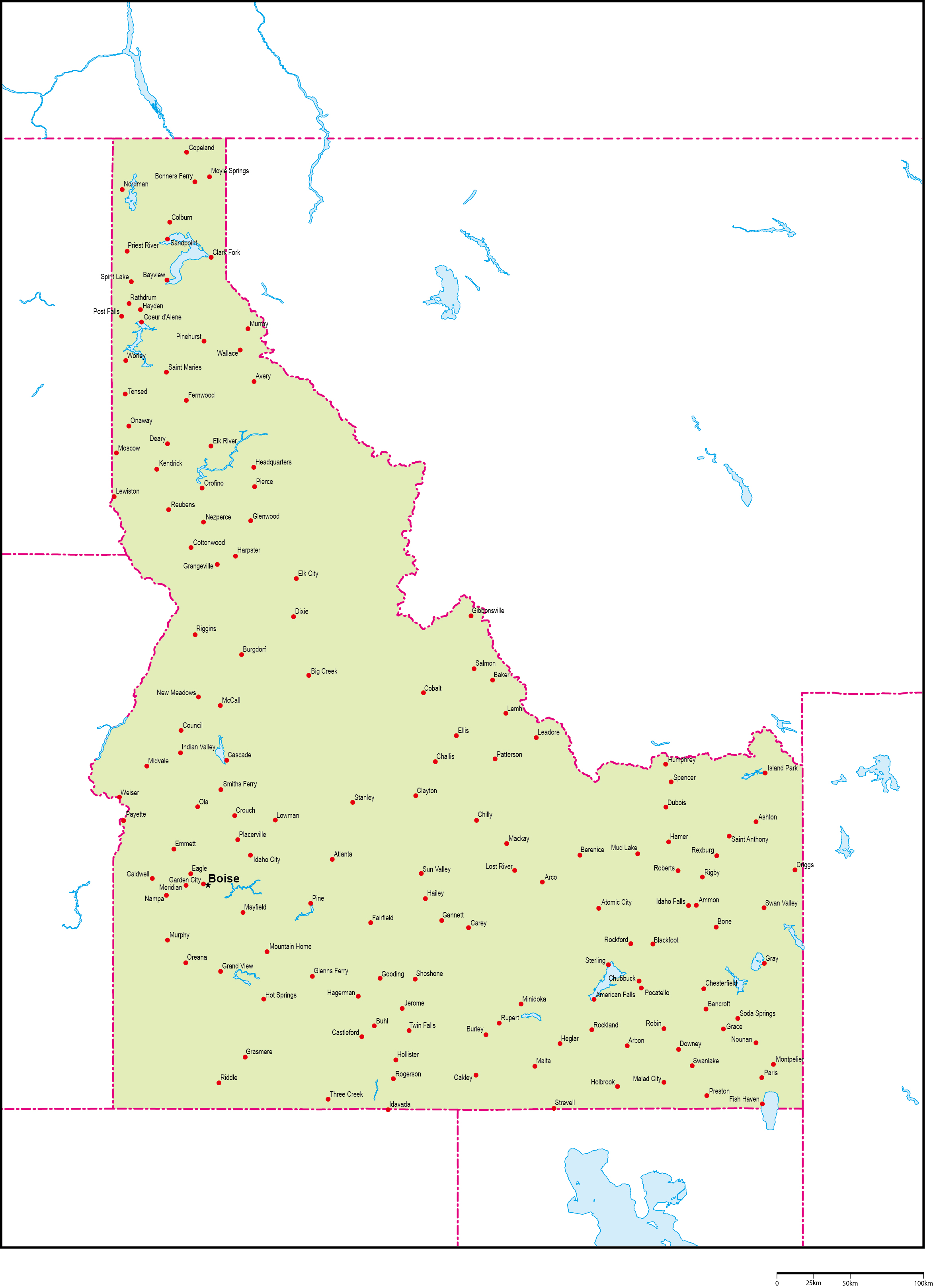 アイダホ州地図州都・主な都市あり(英語)フリーデータの画像