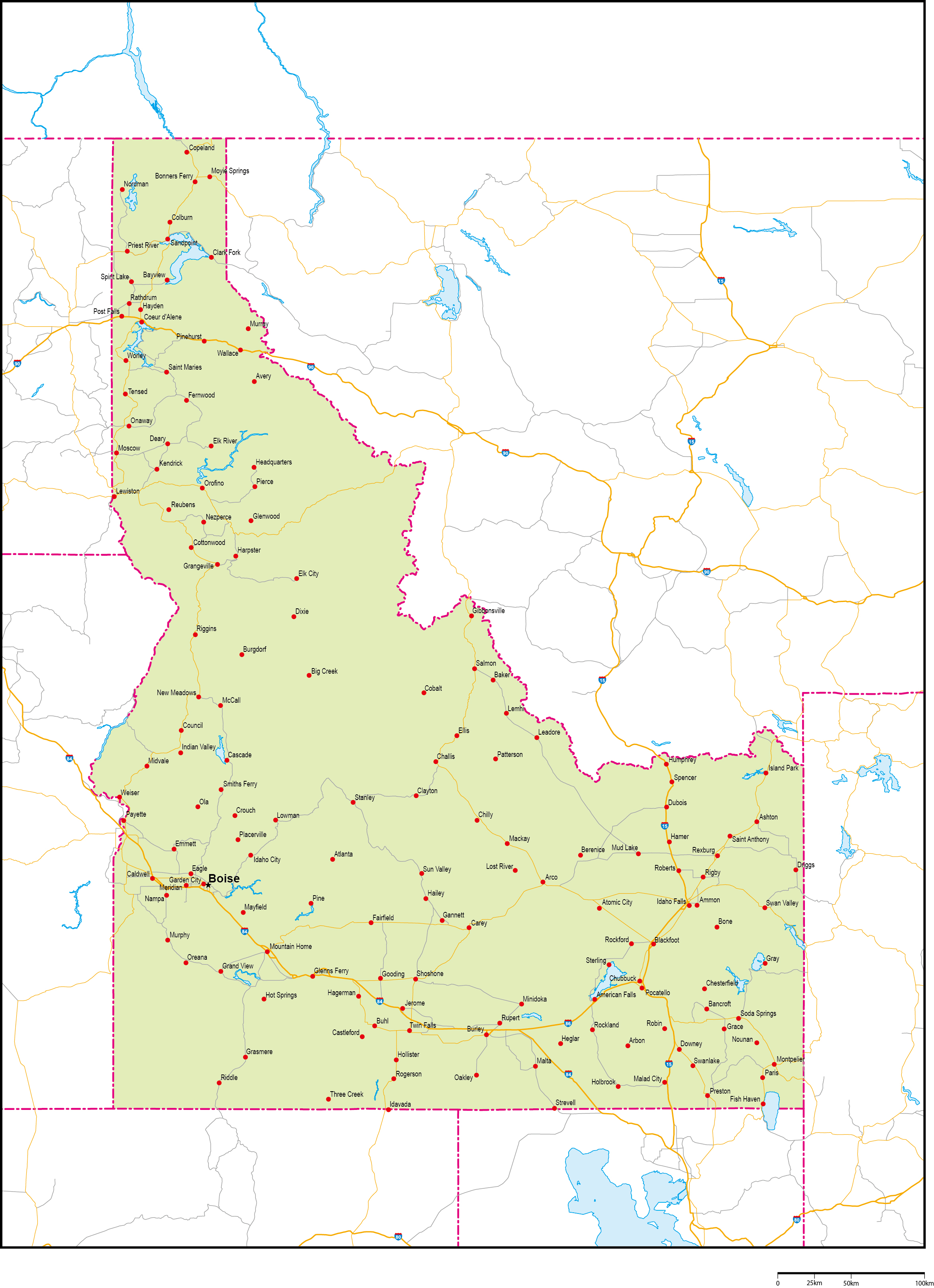 アイダホ州地図州都・主な都市・道路あり(英語)フリーデータの画像