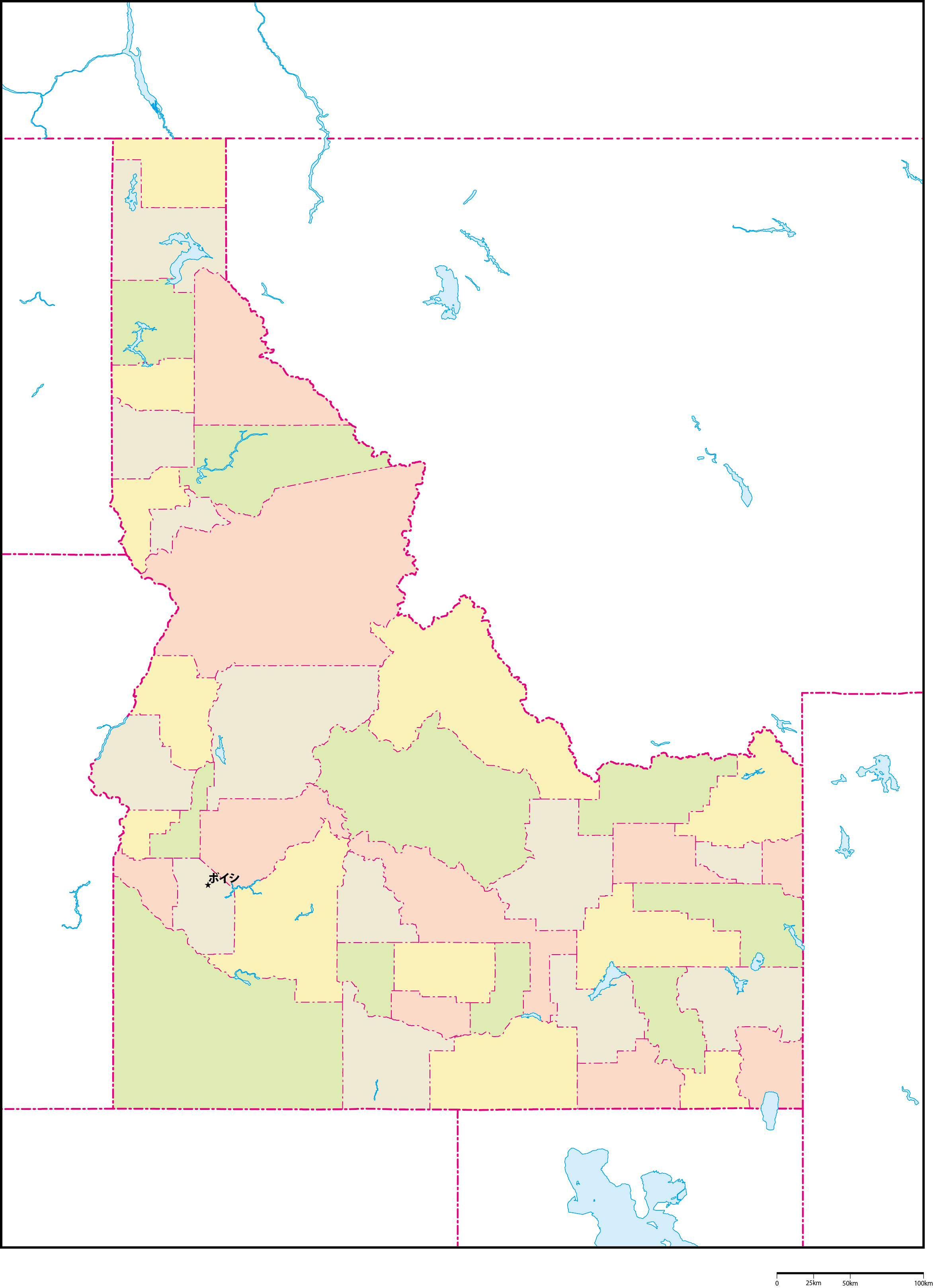 アイダホ州郡色分け地図州都あり(日本語)フリーデータの画像