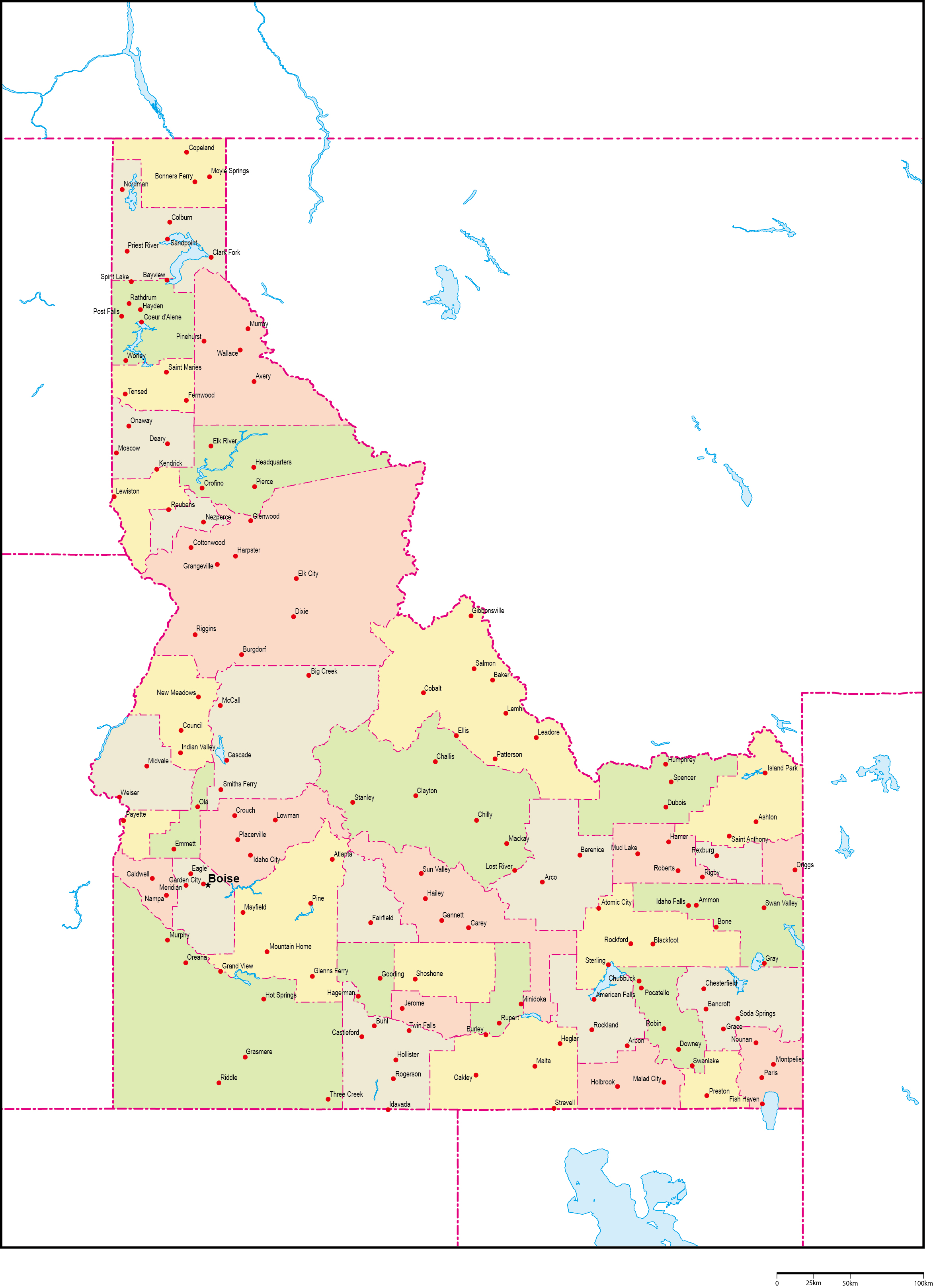 アイダホ州郡色分け地図州都・主な都市あり(英語)フリーデータの画像