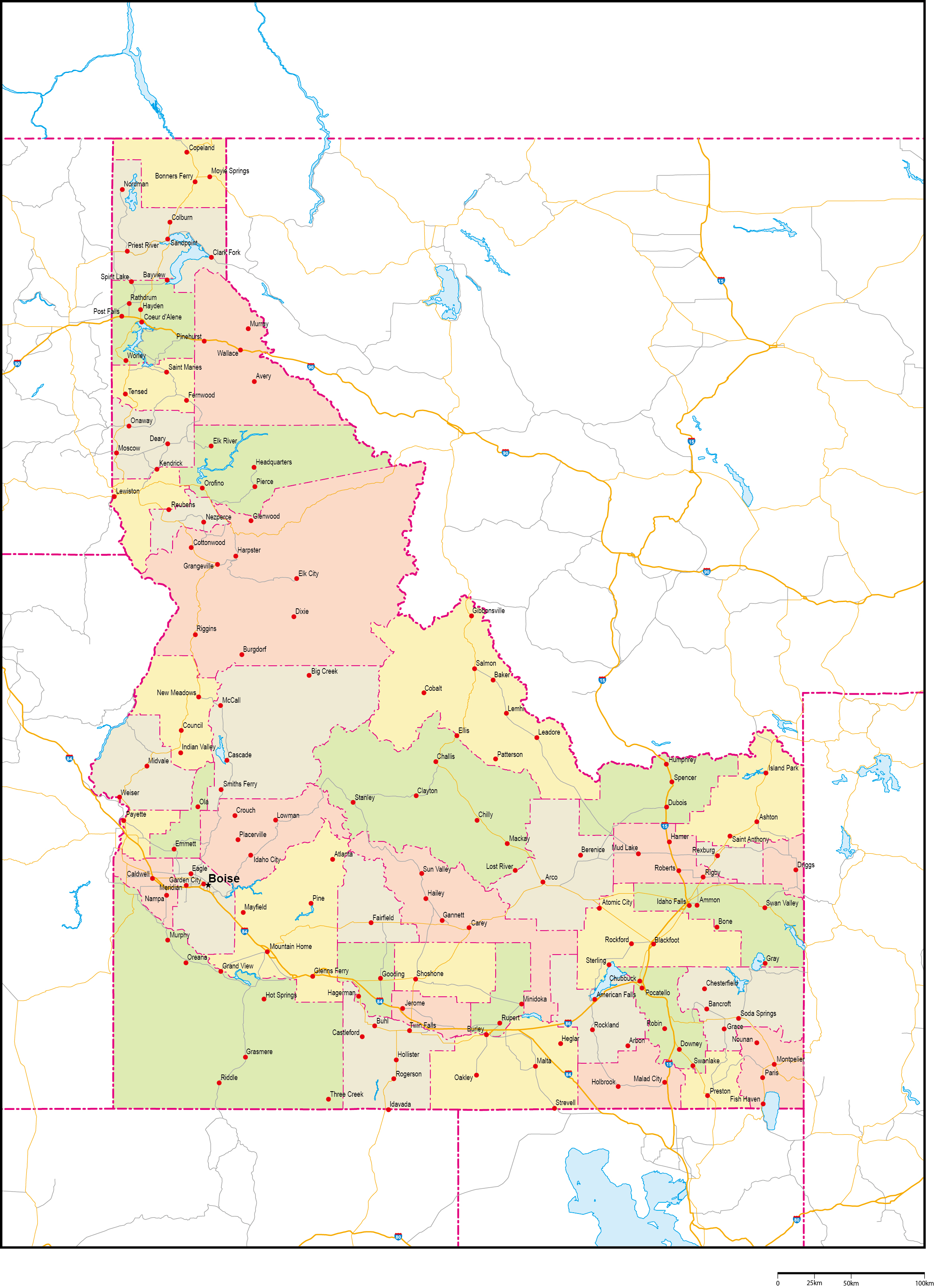 アイダホ州郡色分け地図州都・主な都市・道路あり(英語)フリーデータの画像