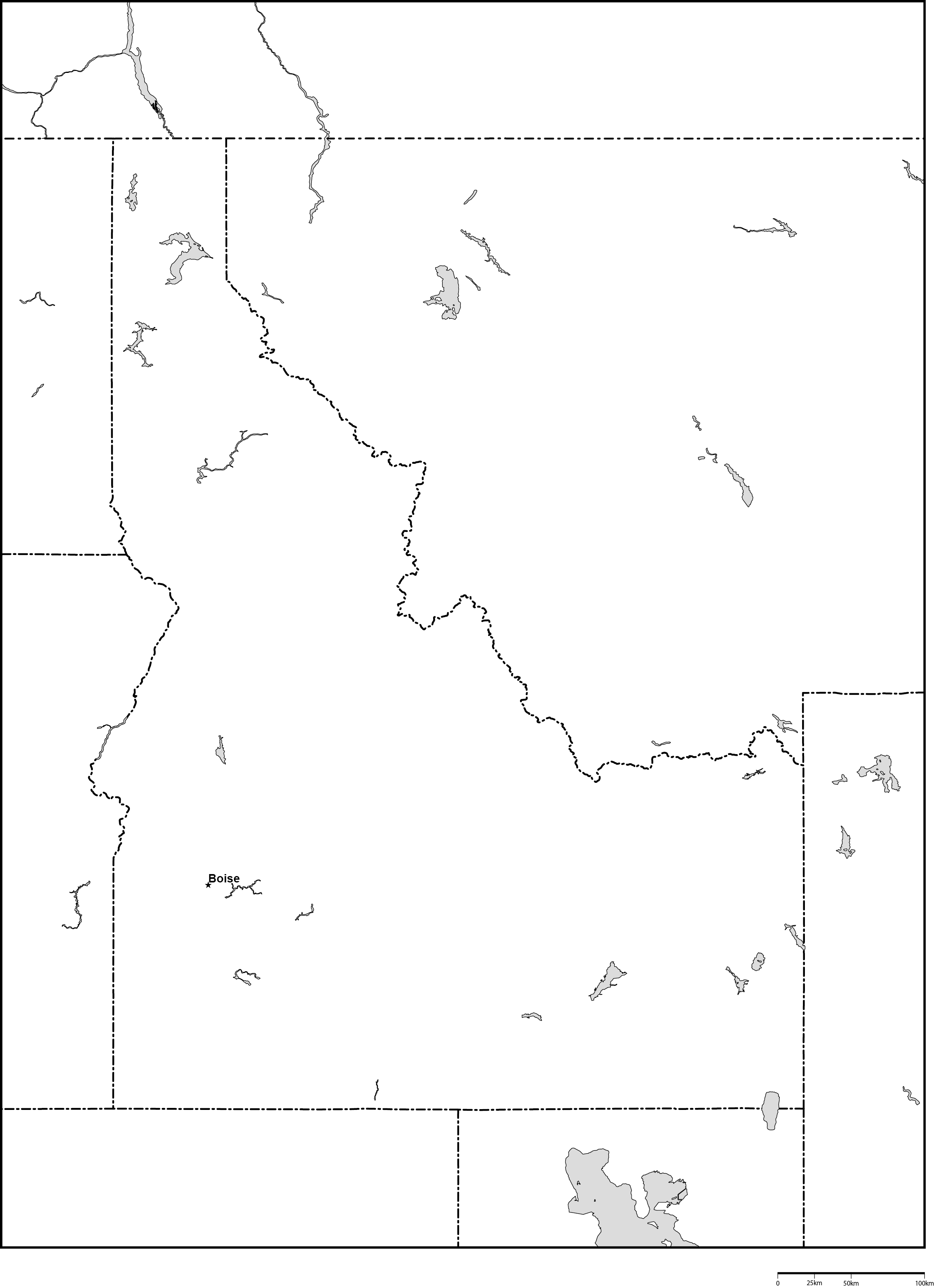 アイダホ州白地図州都あり(英語)フリーデータの画像