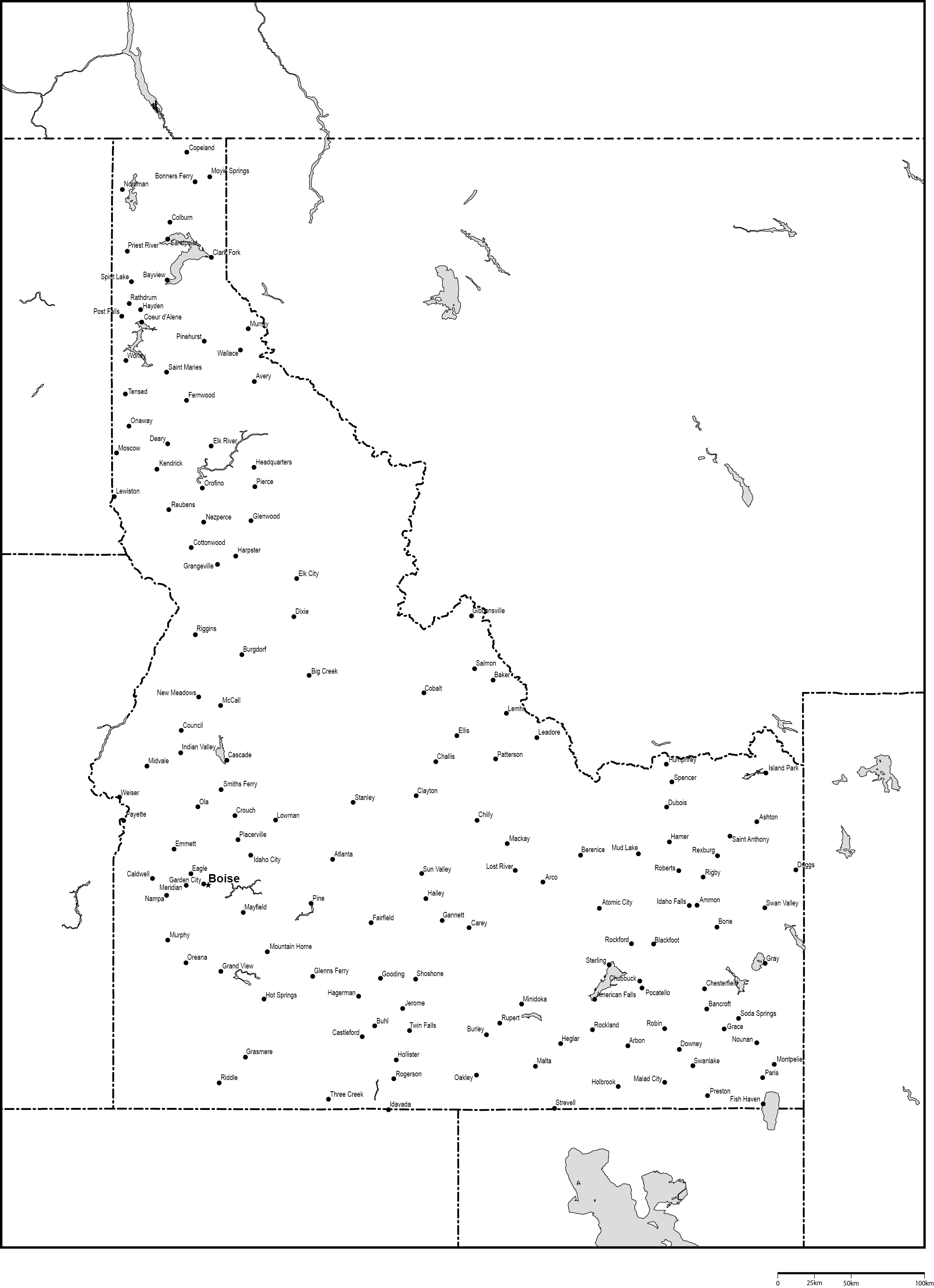 アイダホ州白地図州都・主な都市あり(英語)フリーデータの画像