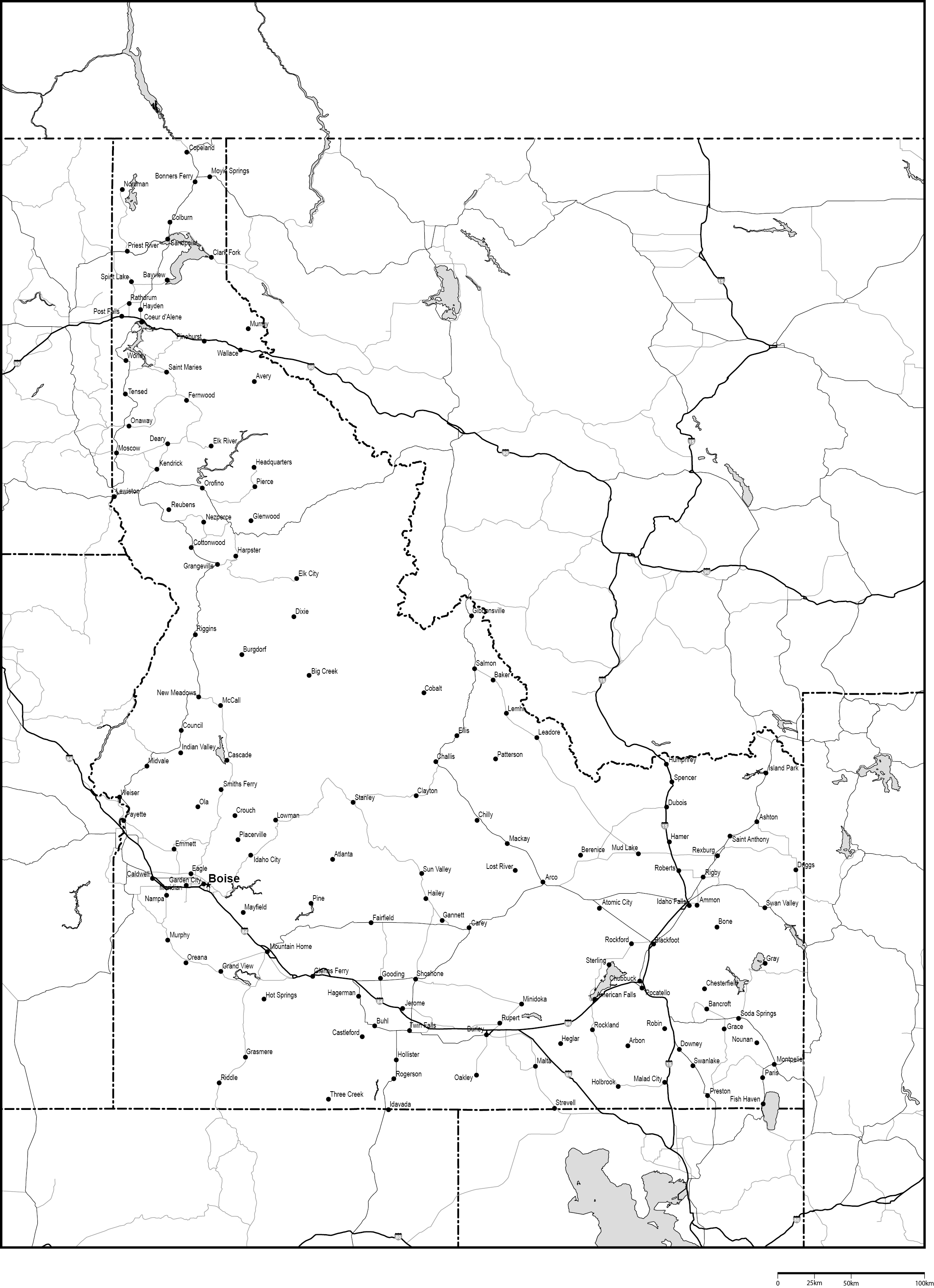 アイダホ州白地図州都・主な都市・道路あり(英語)フリーデータの画像