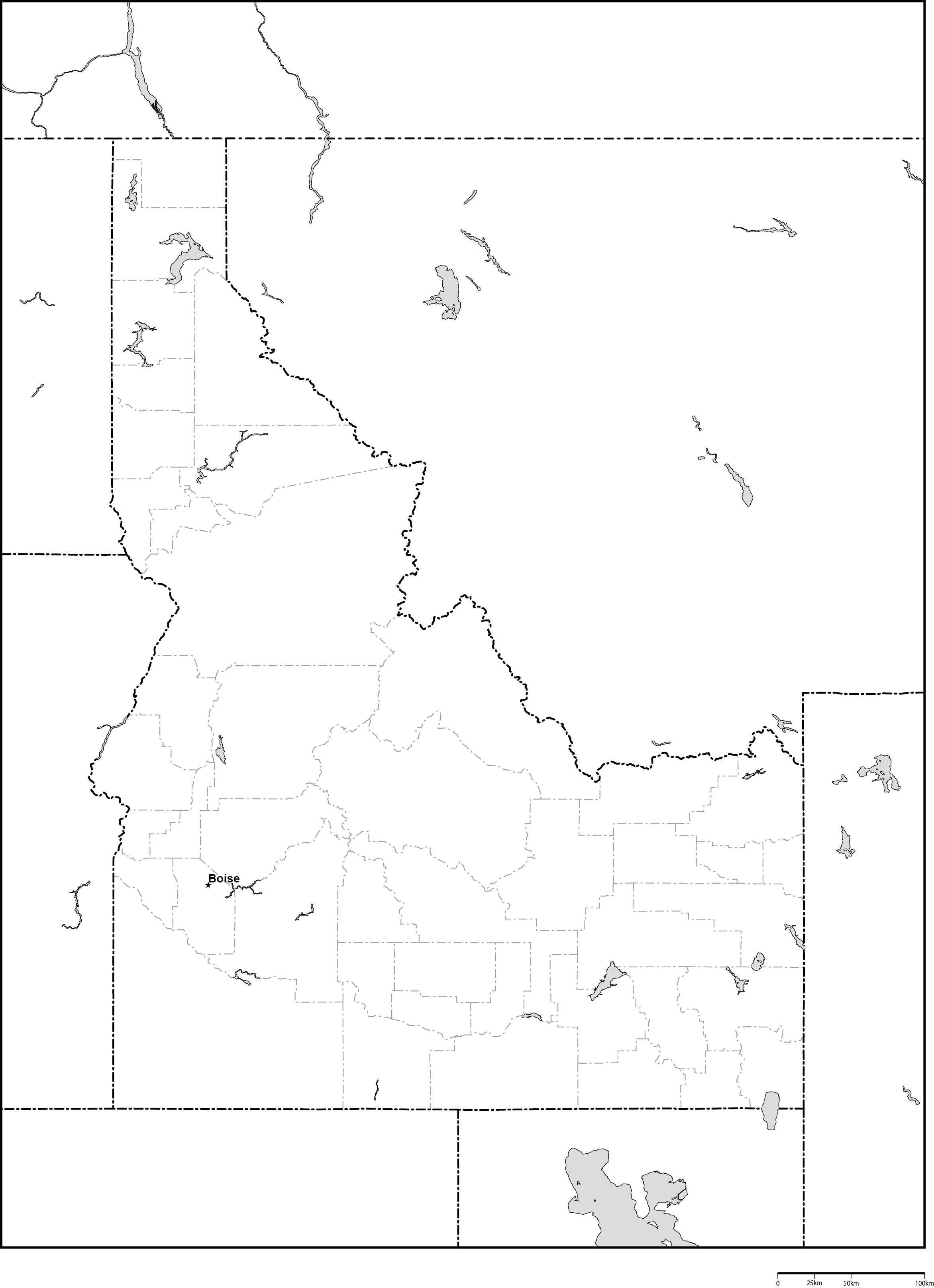 アイダホ州郡分け白地図州都あり(英語)フリーデータの画像