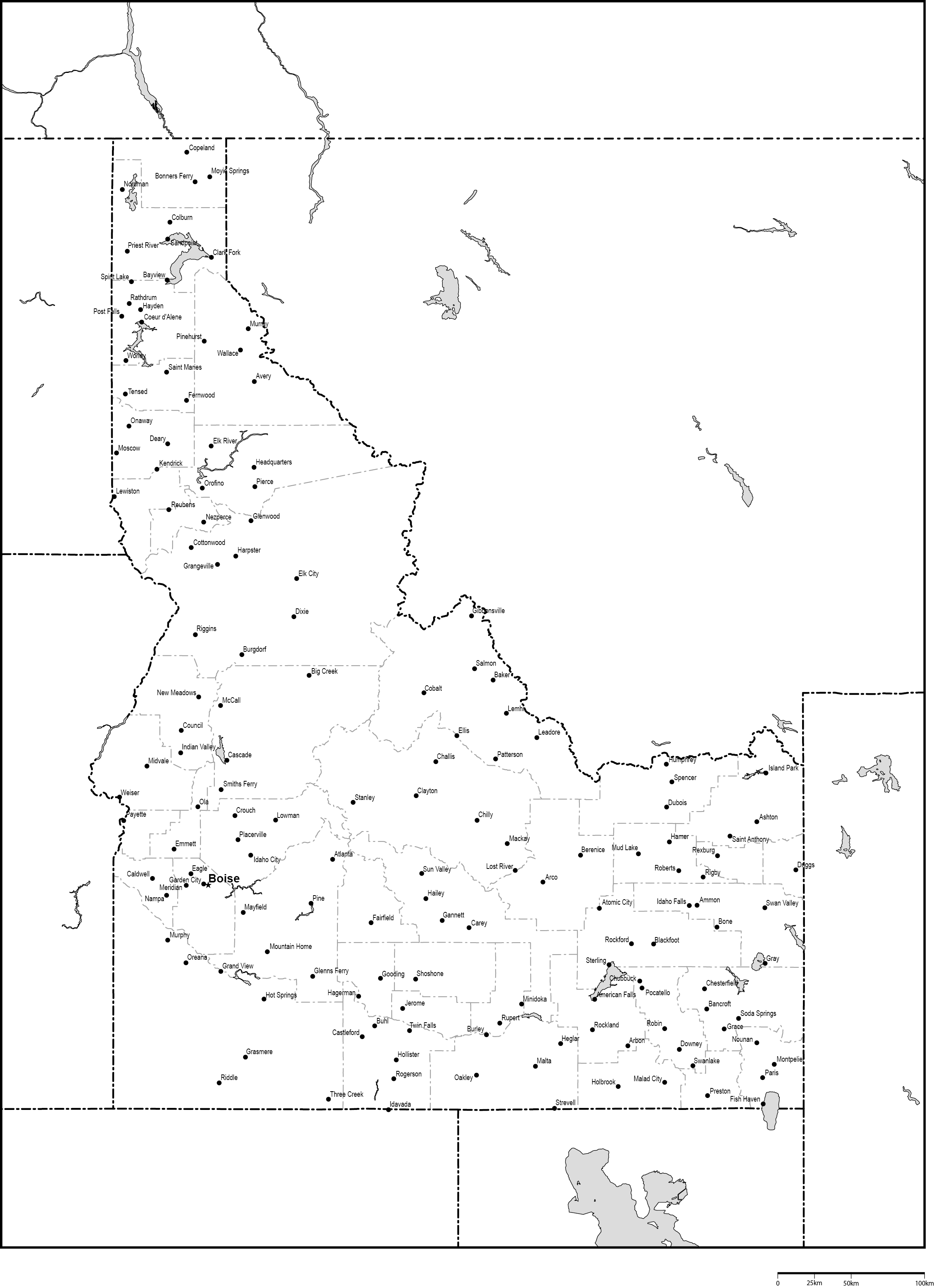 アイダホ州郡分け白地図州都・主な都市あり(英語)フリーデータの画像