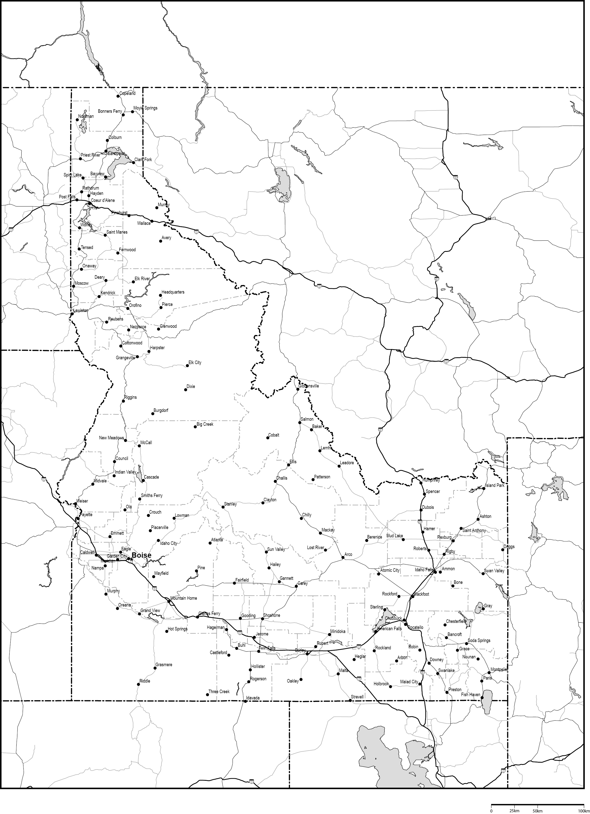 アイダホ州郡分け白地図州都・主な都市・道路あり(英語)フリーデータの画像