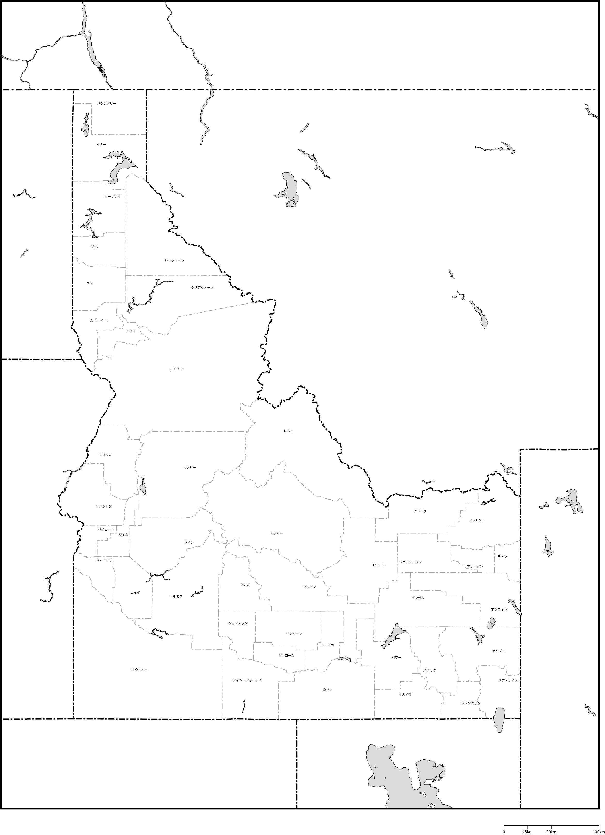 アイダホ州郡分け地図郡名あり(日本語)フリーデータの画像