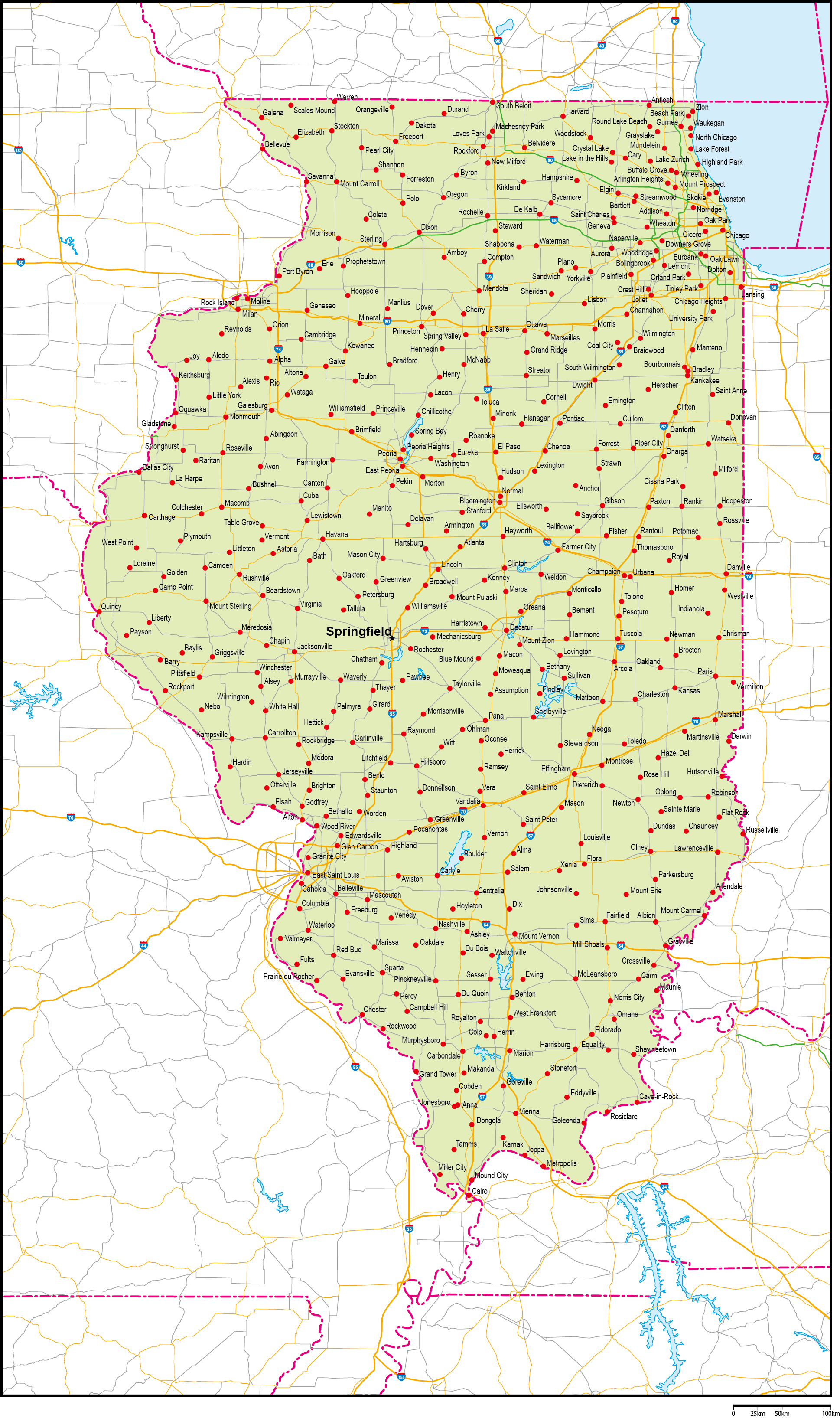 イリノイ州地図州都・主な都市・道路あり(英語)フリーデータの画像