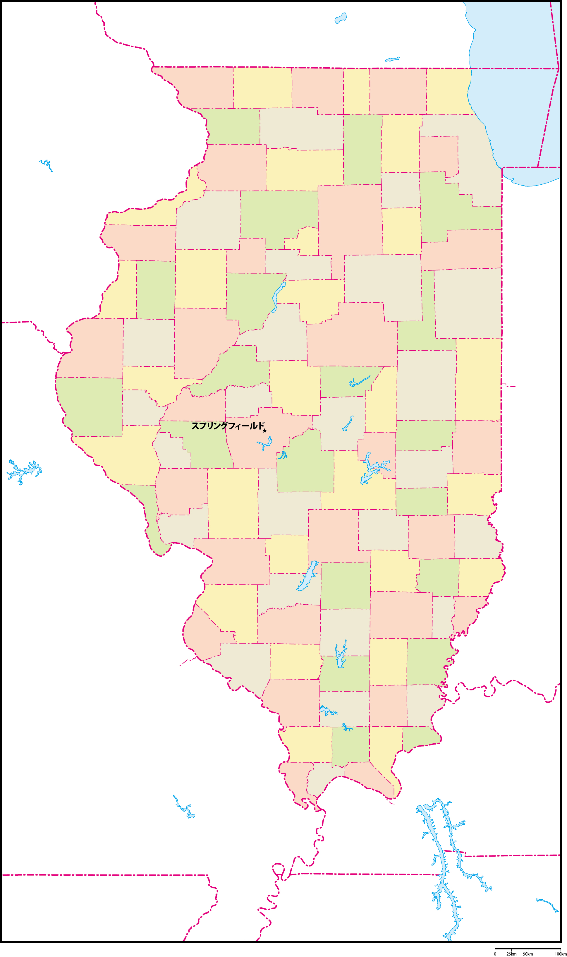 イリノイ州郡色分け地図州都あり(日本語)フリーデータの画像