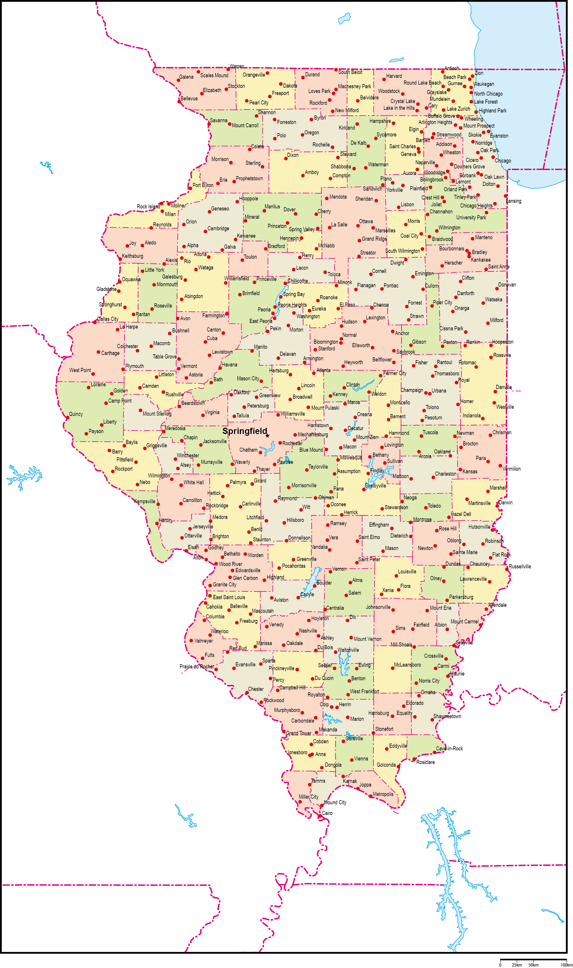 イリノイ州郡色分け地図州都・主な都市あり(英語)フリーデータの画像
