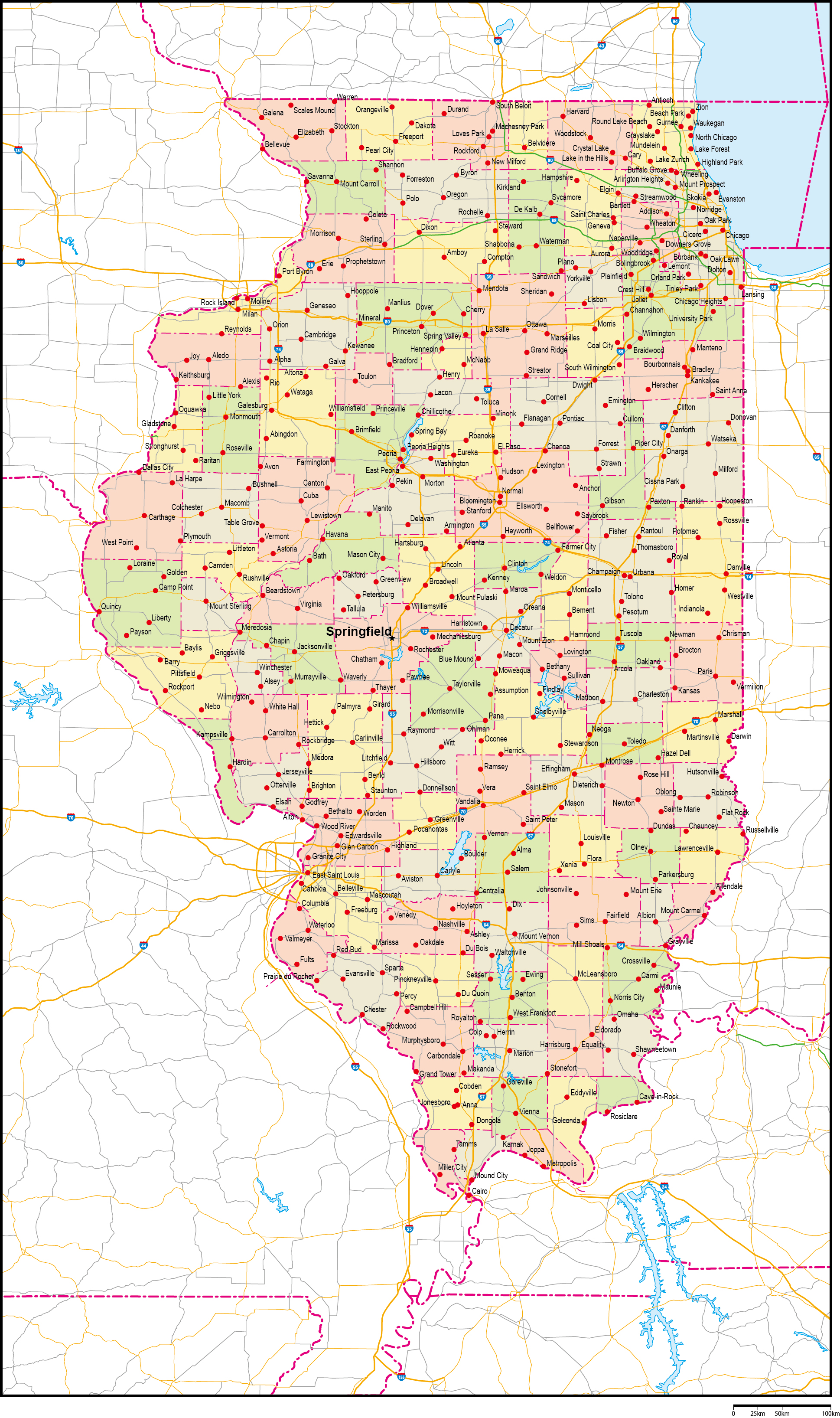 イリノイ州郡色分け地図州都・主な都市・道路あり(英語)フリーデータの画像