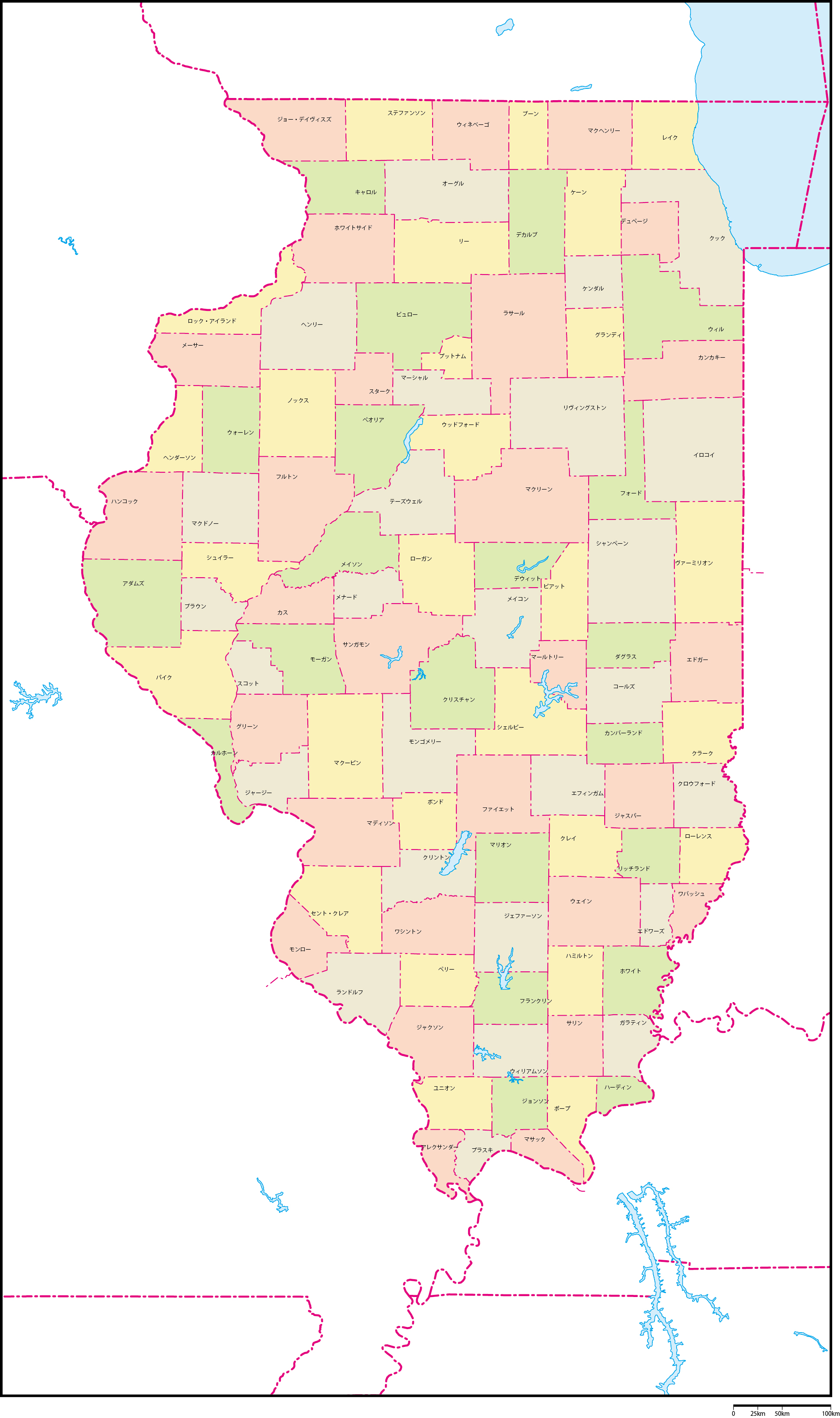 イリノイ州郡色分け地図郡名あり(日本語)フリーデータの画像