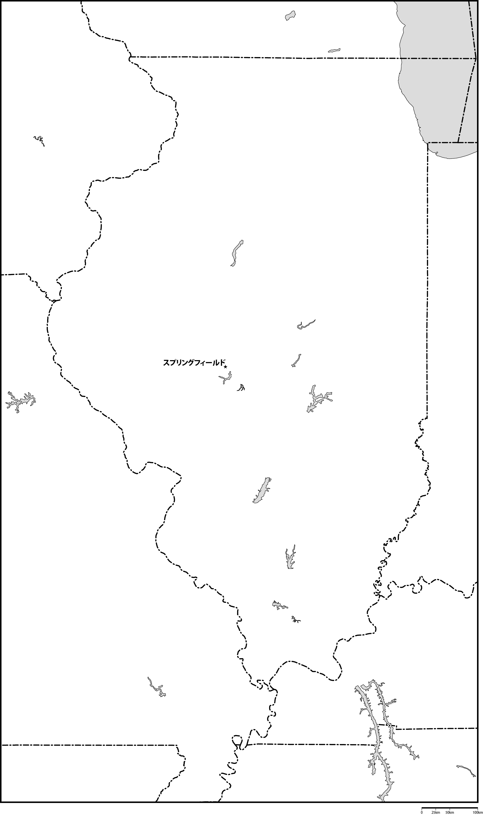 イリノイ州白地図州都あり(日本語)フリーデータの画像