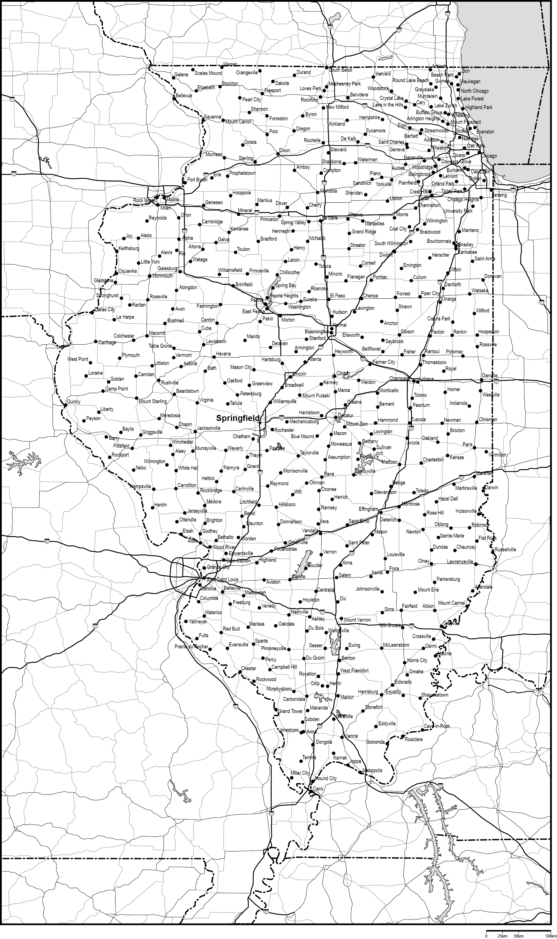 イリノイ州白地図州都・主な都市・道路あり(英語)フリーデータの画像