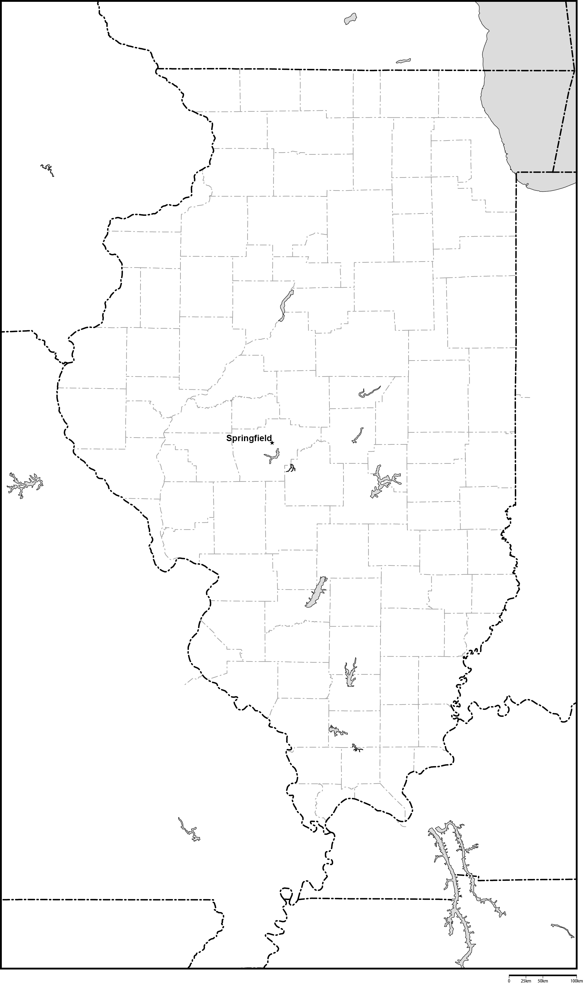 イリノイ州郡分け白地図州都あり(英語)フリーデータの画像