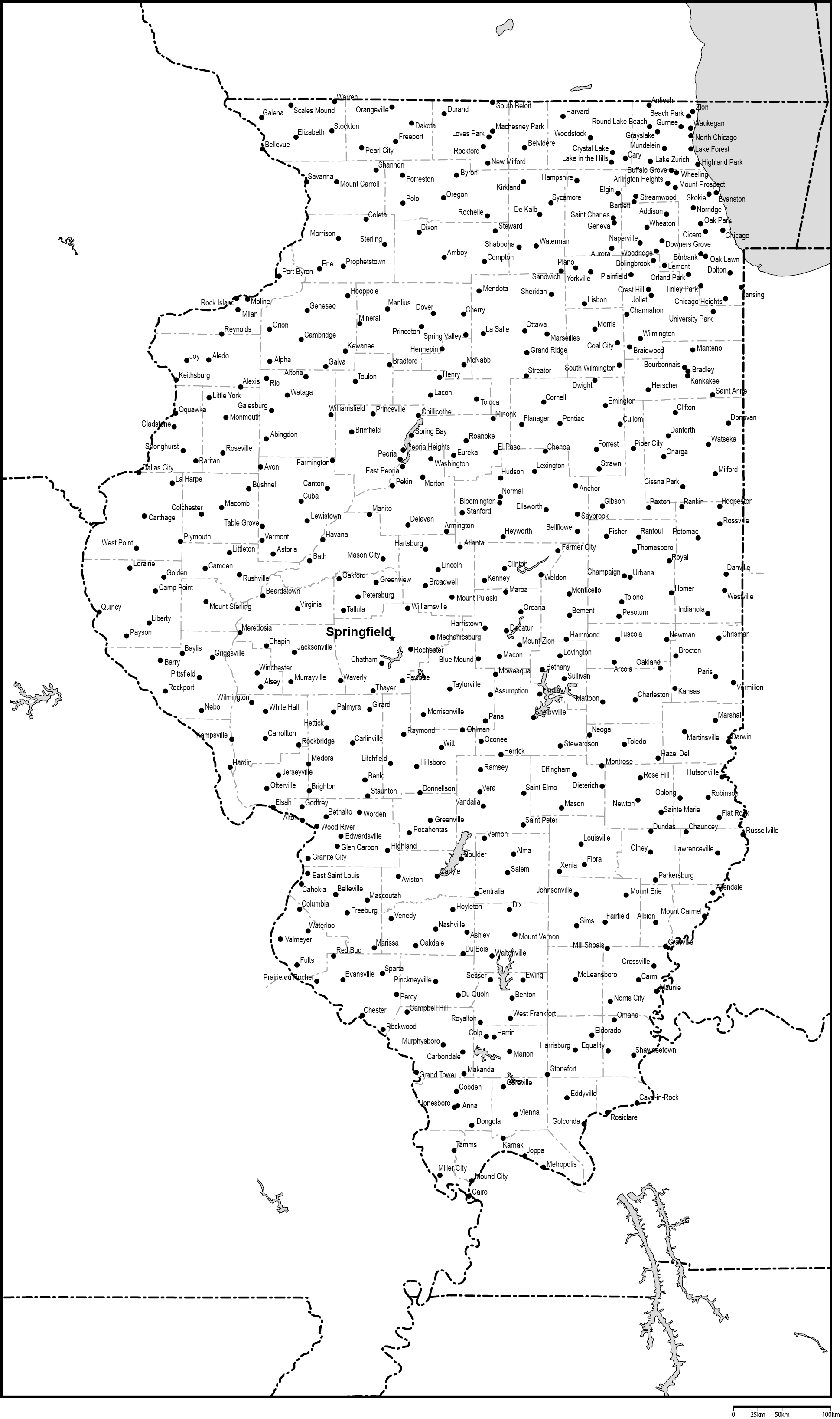 イリノイ州郡分け白地図州都・主な都市あり(英語)フリーデータの画像