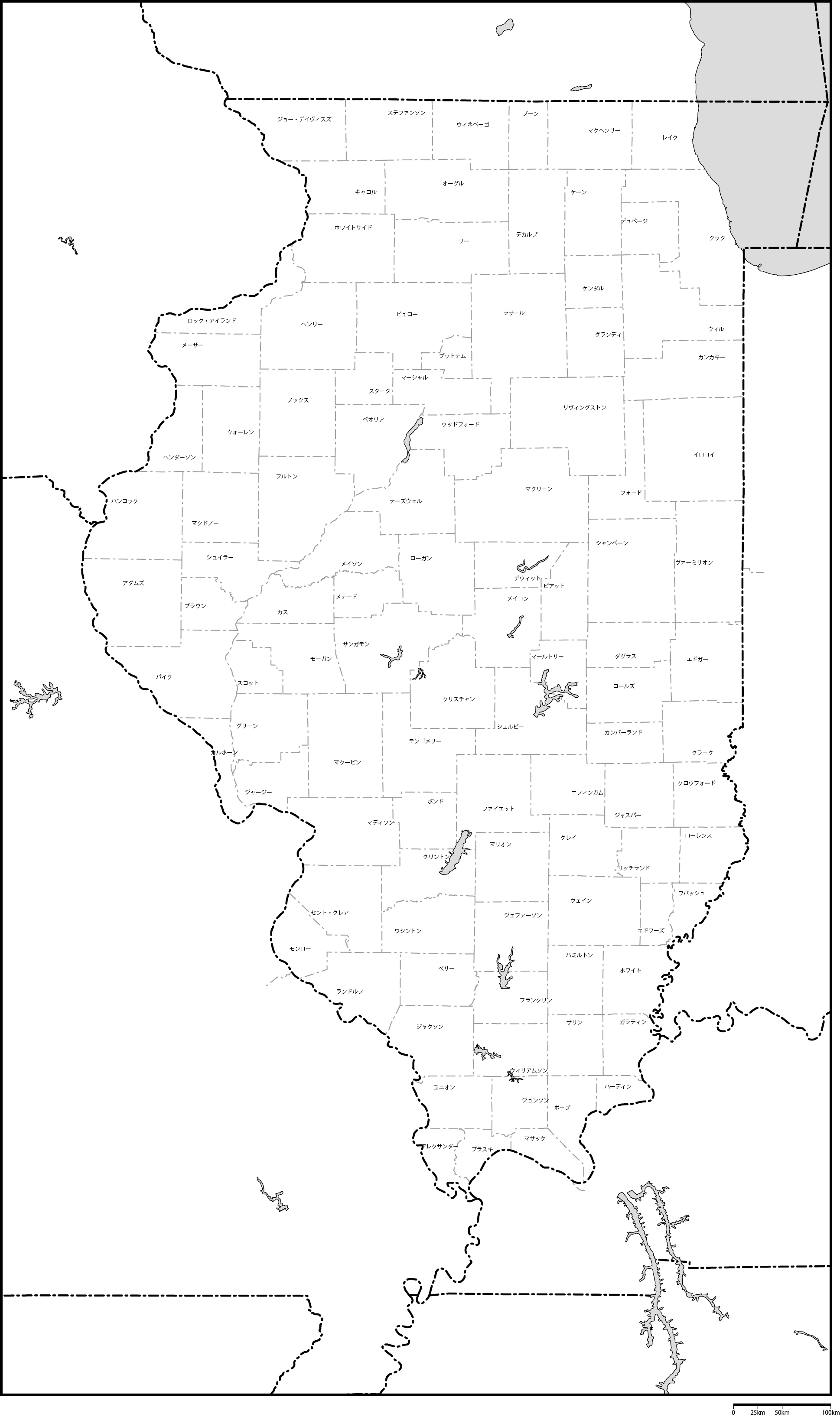 イリノイ州郡分け地図郡名あり(日本語)フリーデータの画像