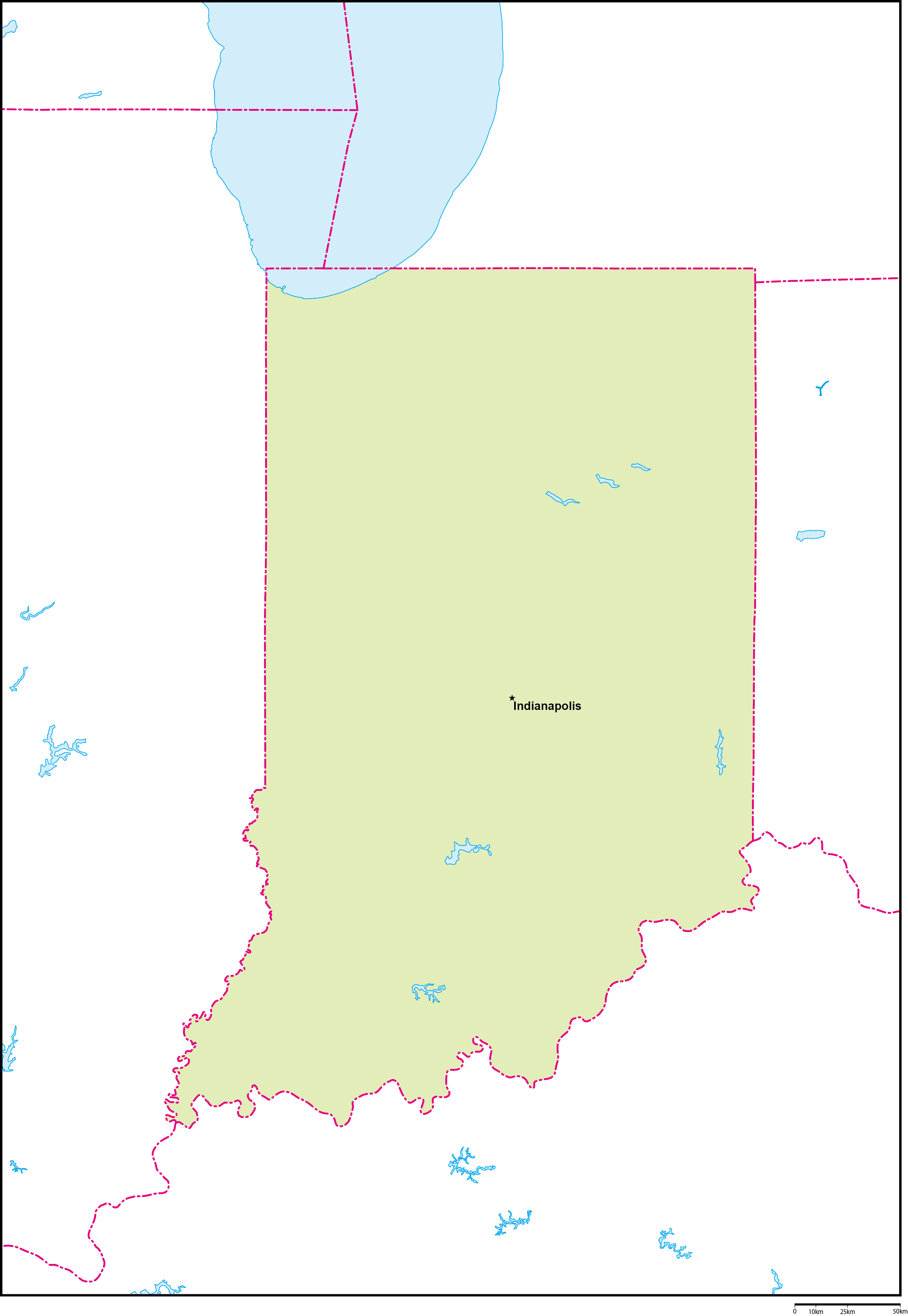 インディアナ州地図州都あり(英語)フリーデータの画像
