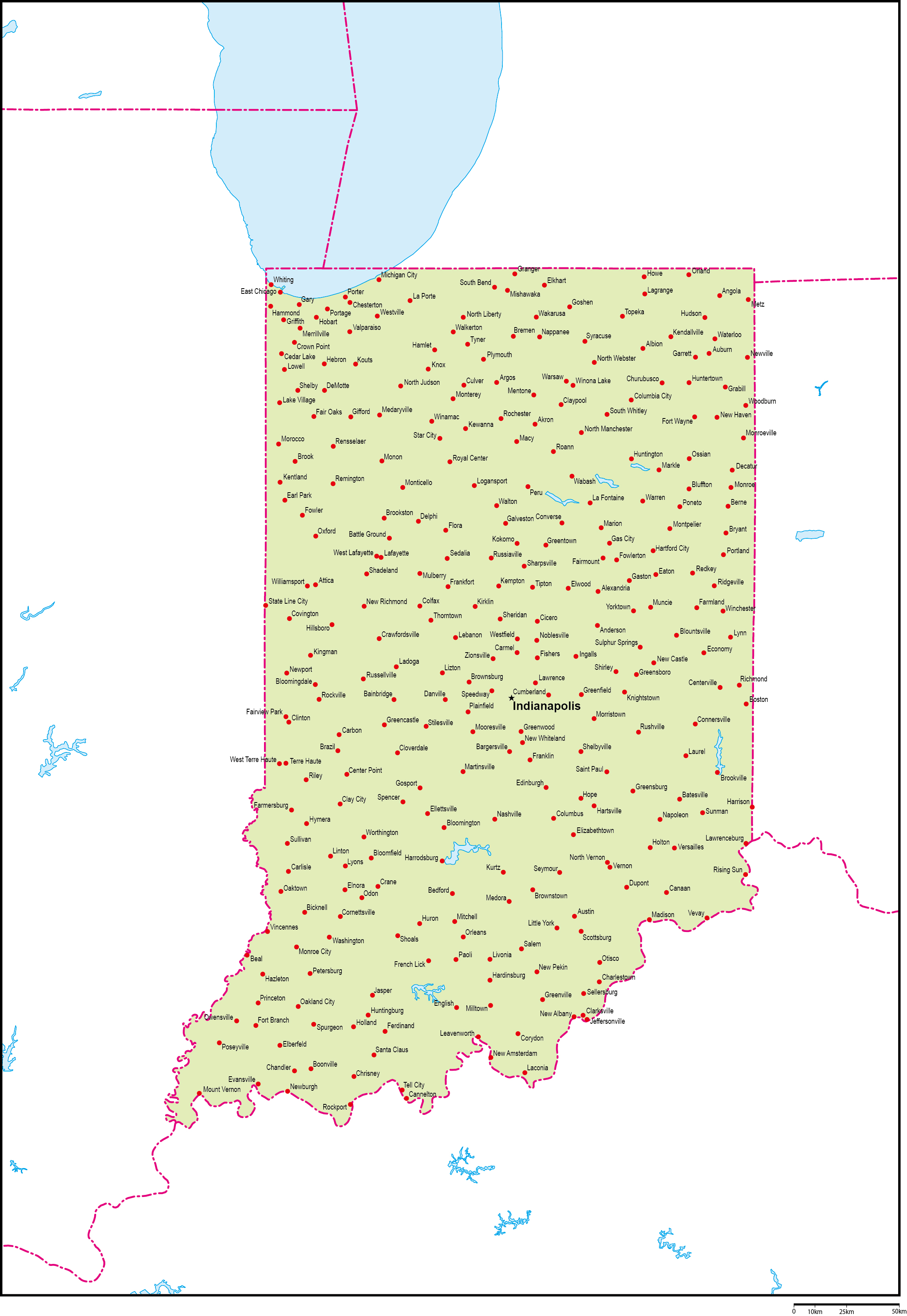 インディアナ州地図州都・主な都市あり(英語)フリーデータの画像