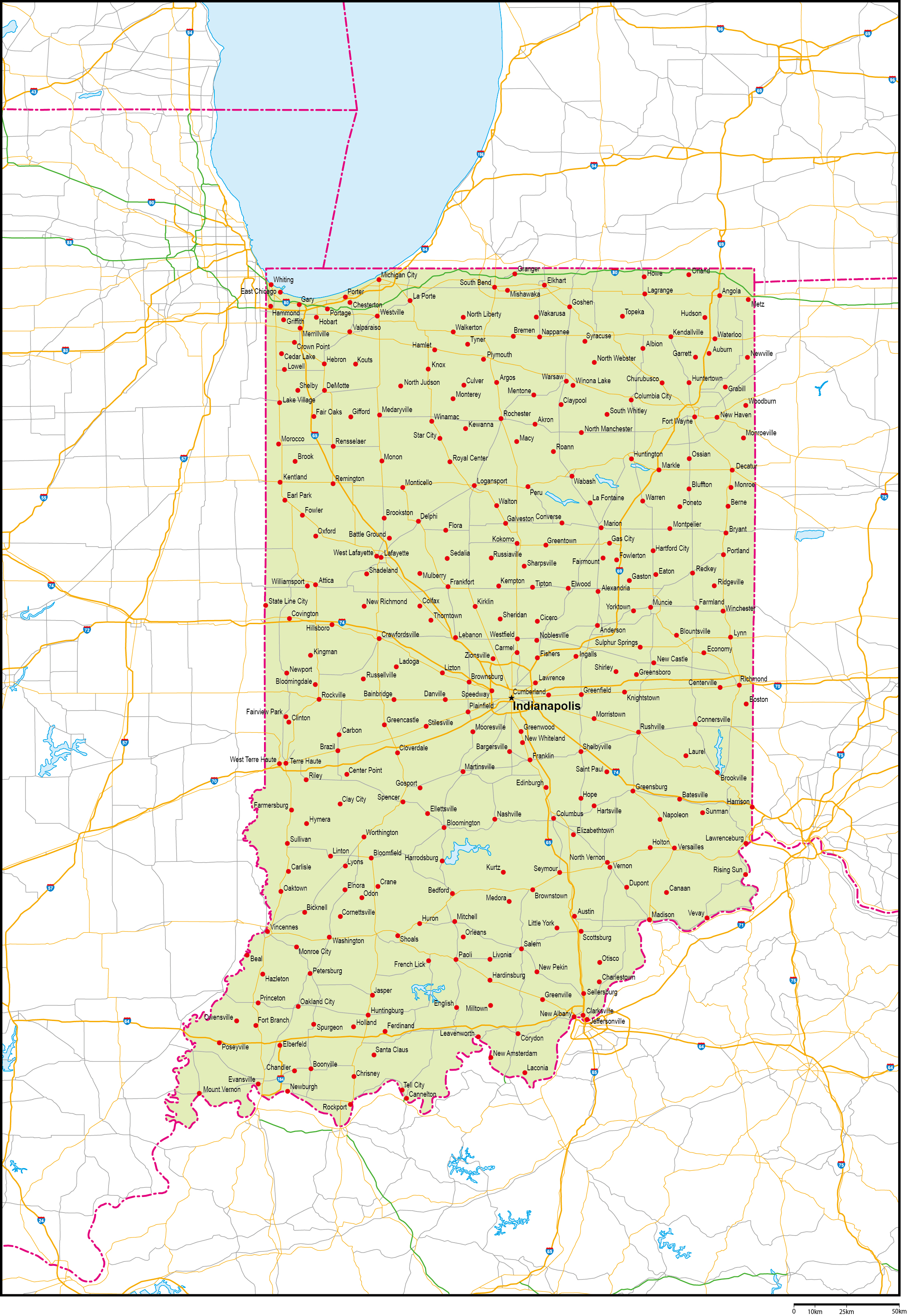 インディアナ州地図州都・主な都市・道路あり(英語)フリーデータの画像
