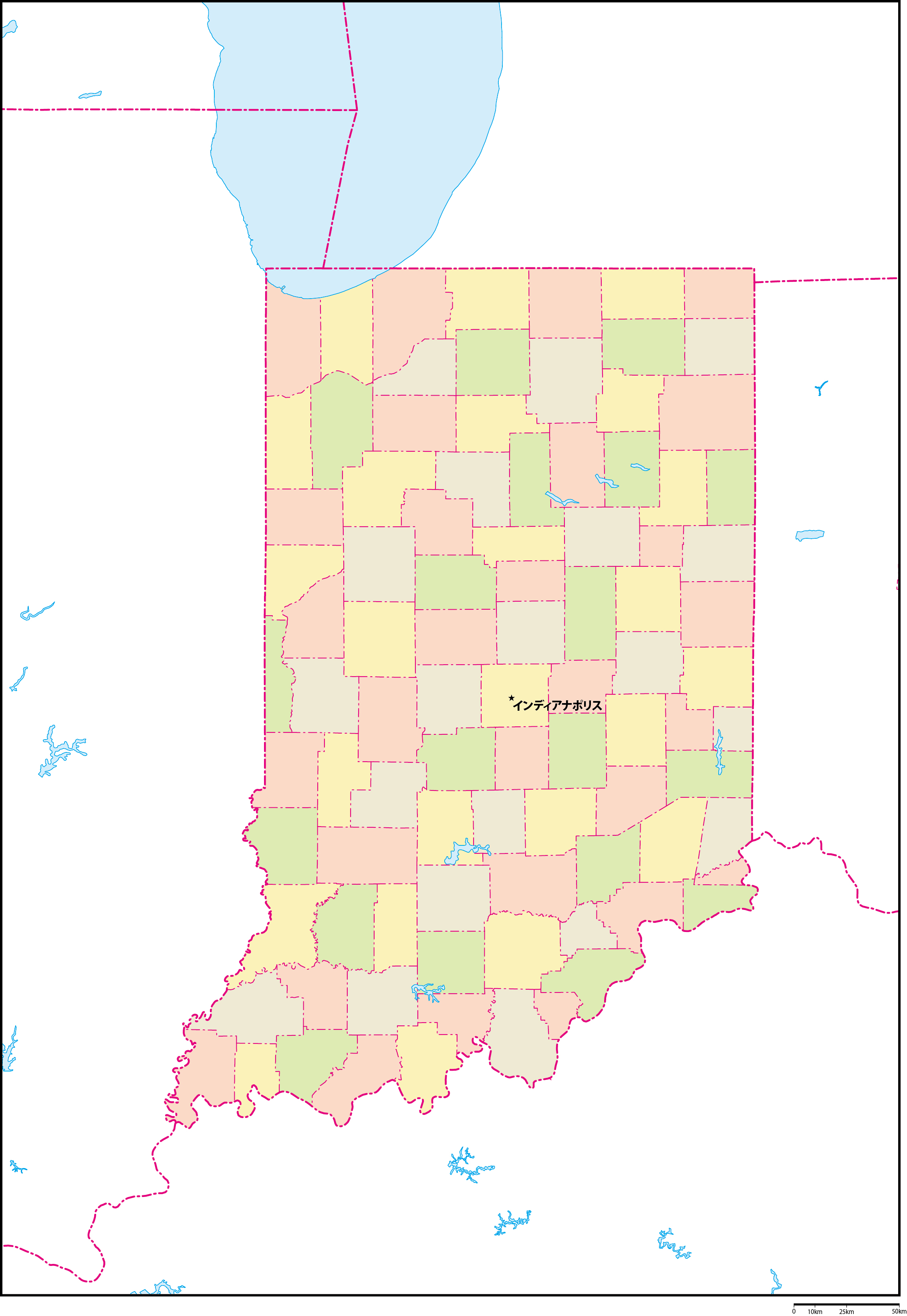 インディアナ州郡色分け地図州都あり(日本語)フリーデータの画像