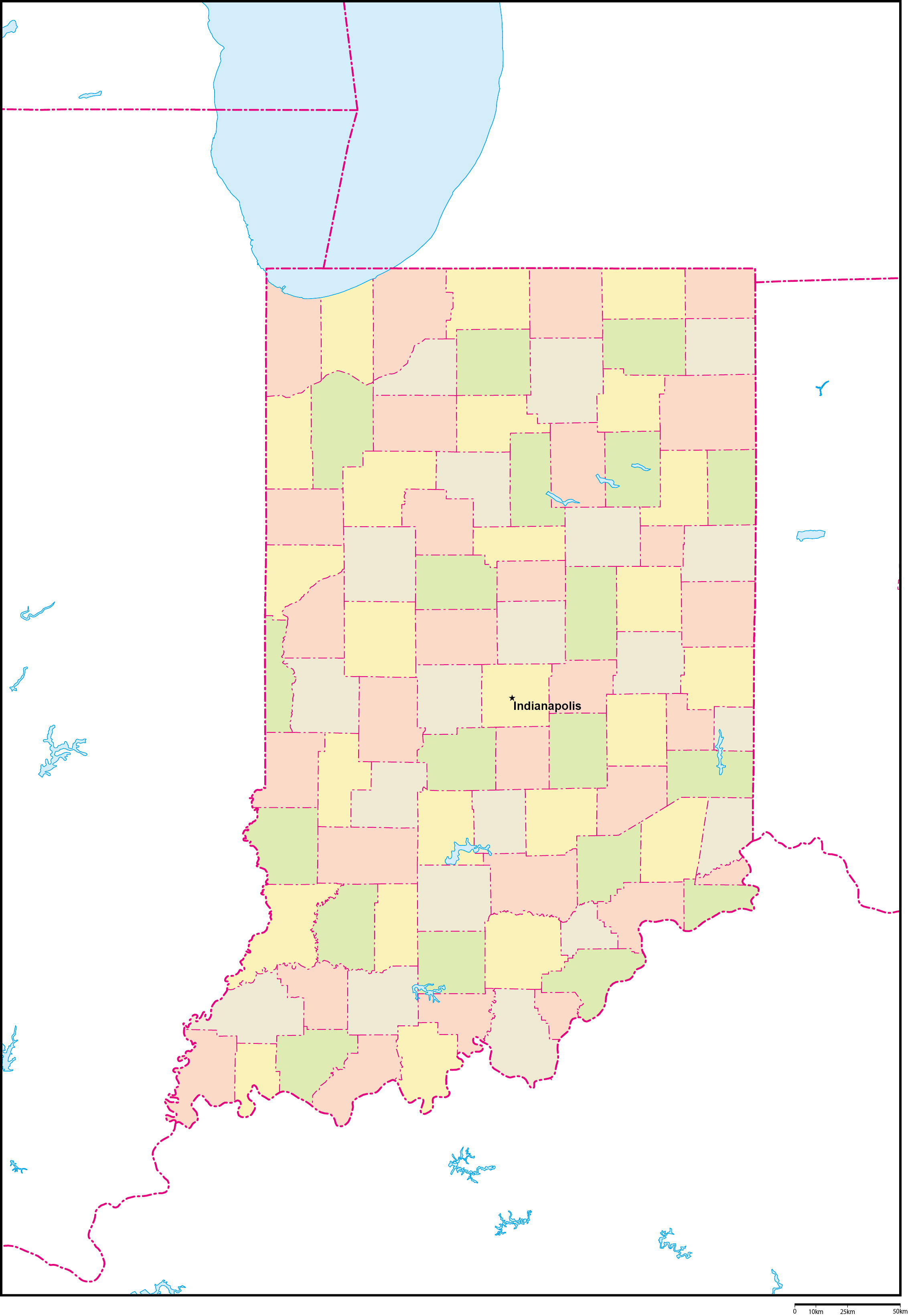 インディアナ州郡色分け地図州都あり(英語)フリーデータの画像