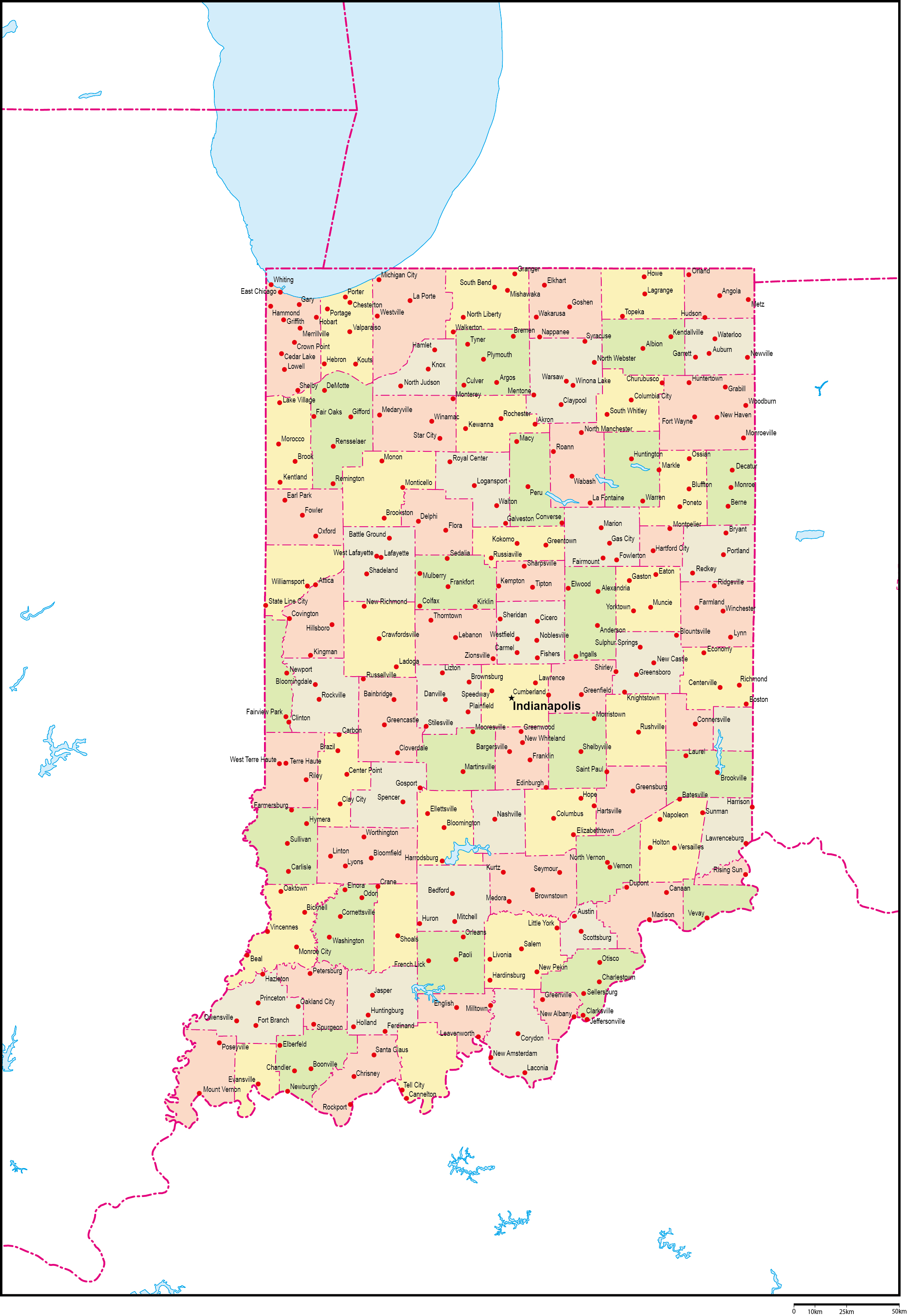 インディアナ州郡色分け地図州都・主な都市あり(英語)フリーデータの画像