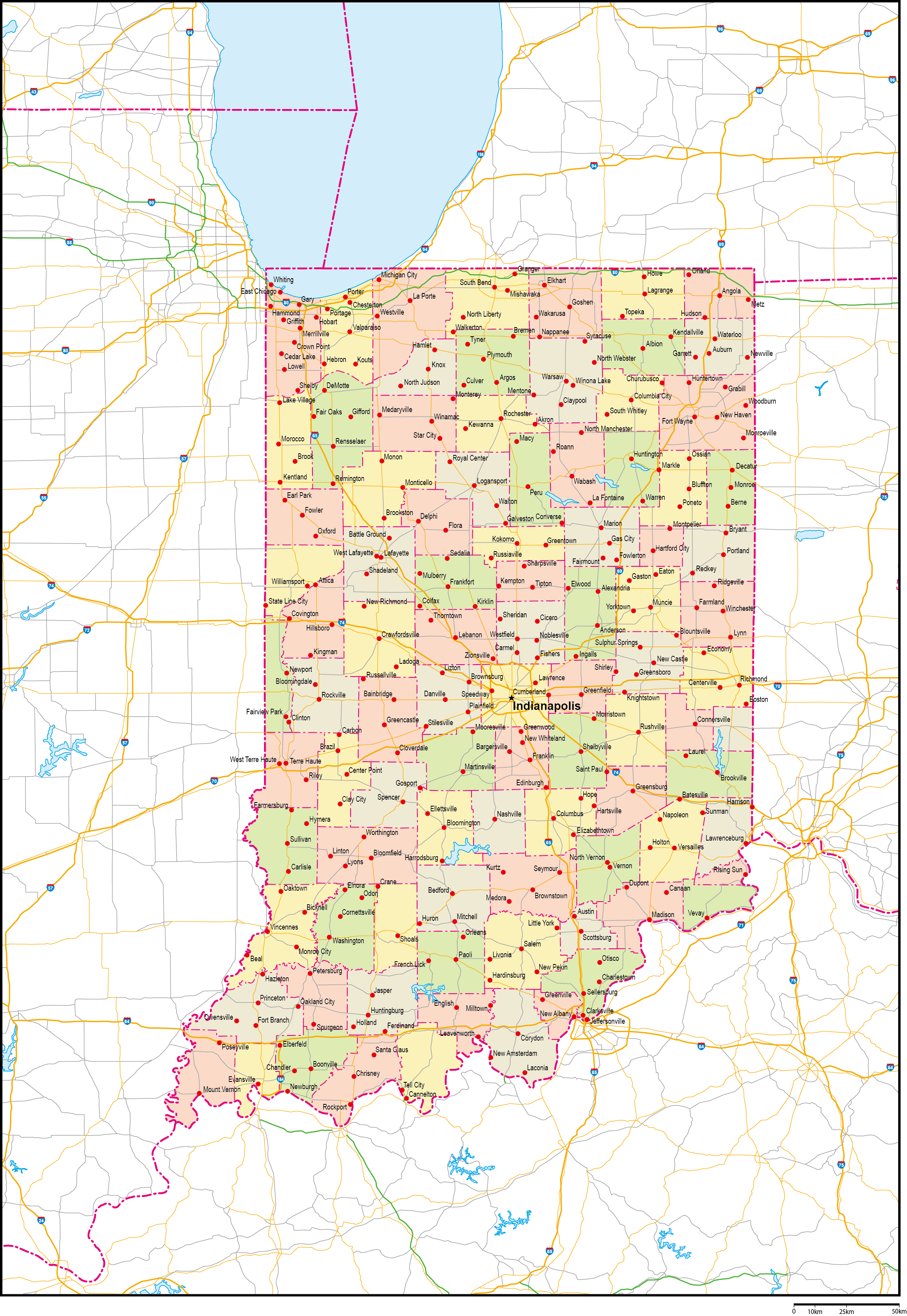 インディアナ州郡色分け地図州都・主な都市・道路あり(英語)フリーデータの画像
