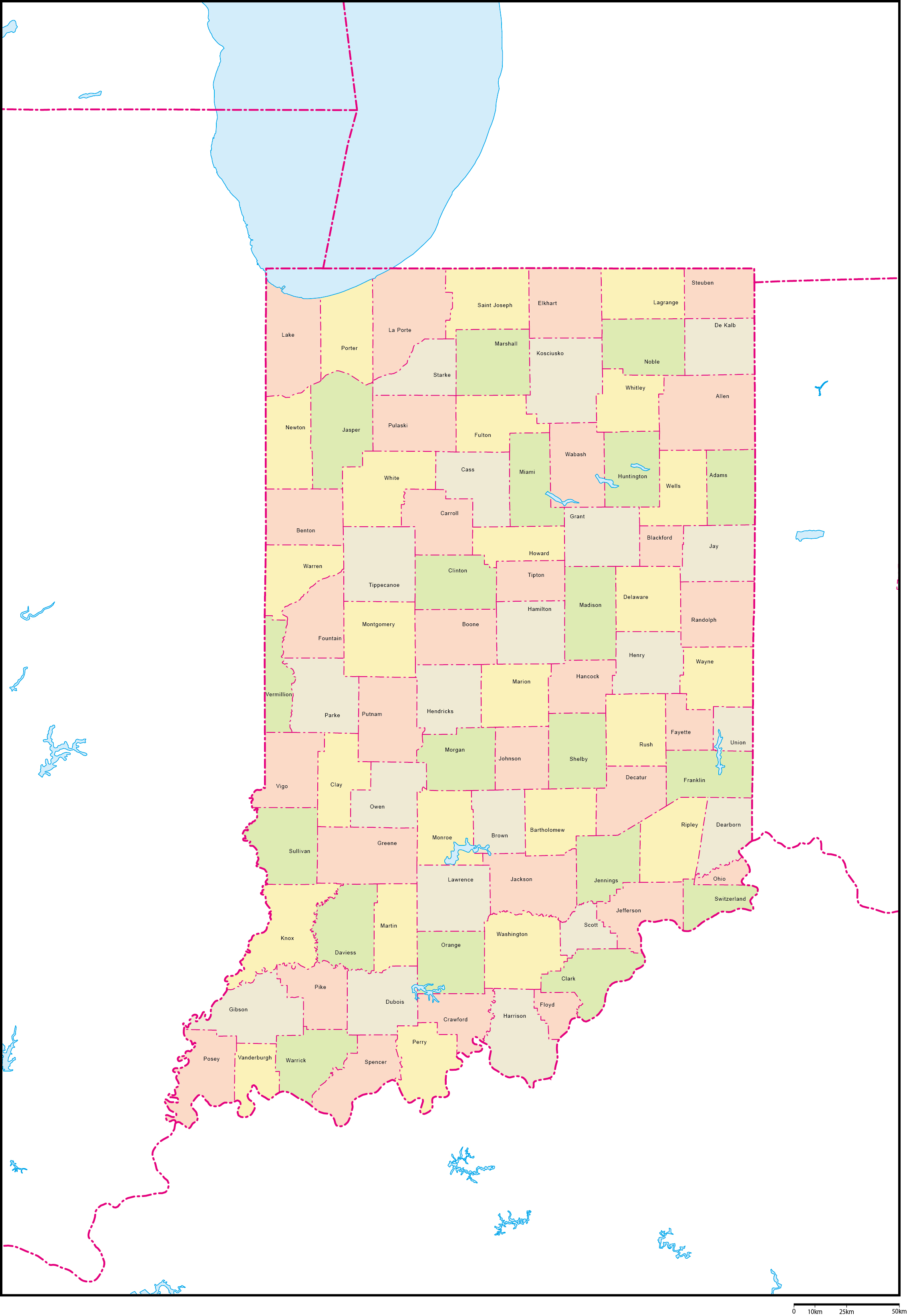 インディアナ州郡色分け地図郡名あり(英語)フリーデータの画像