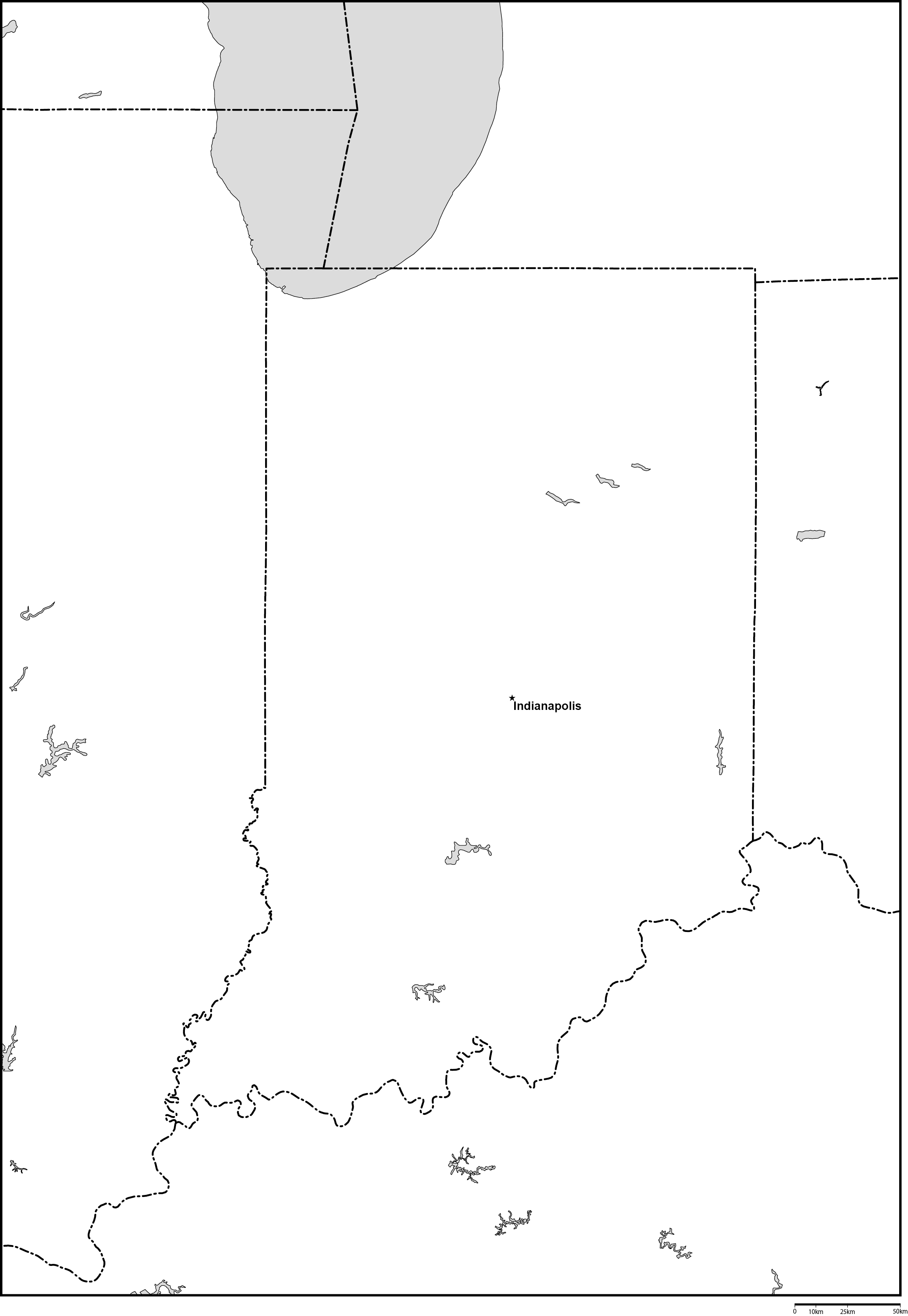 インディアナ州白地図州都あり(英語)フリーデータの画像
