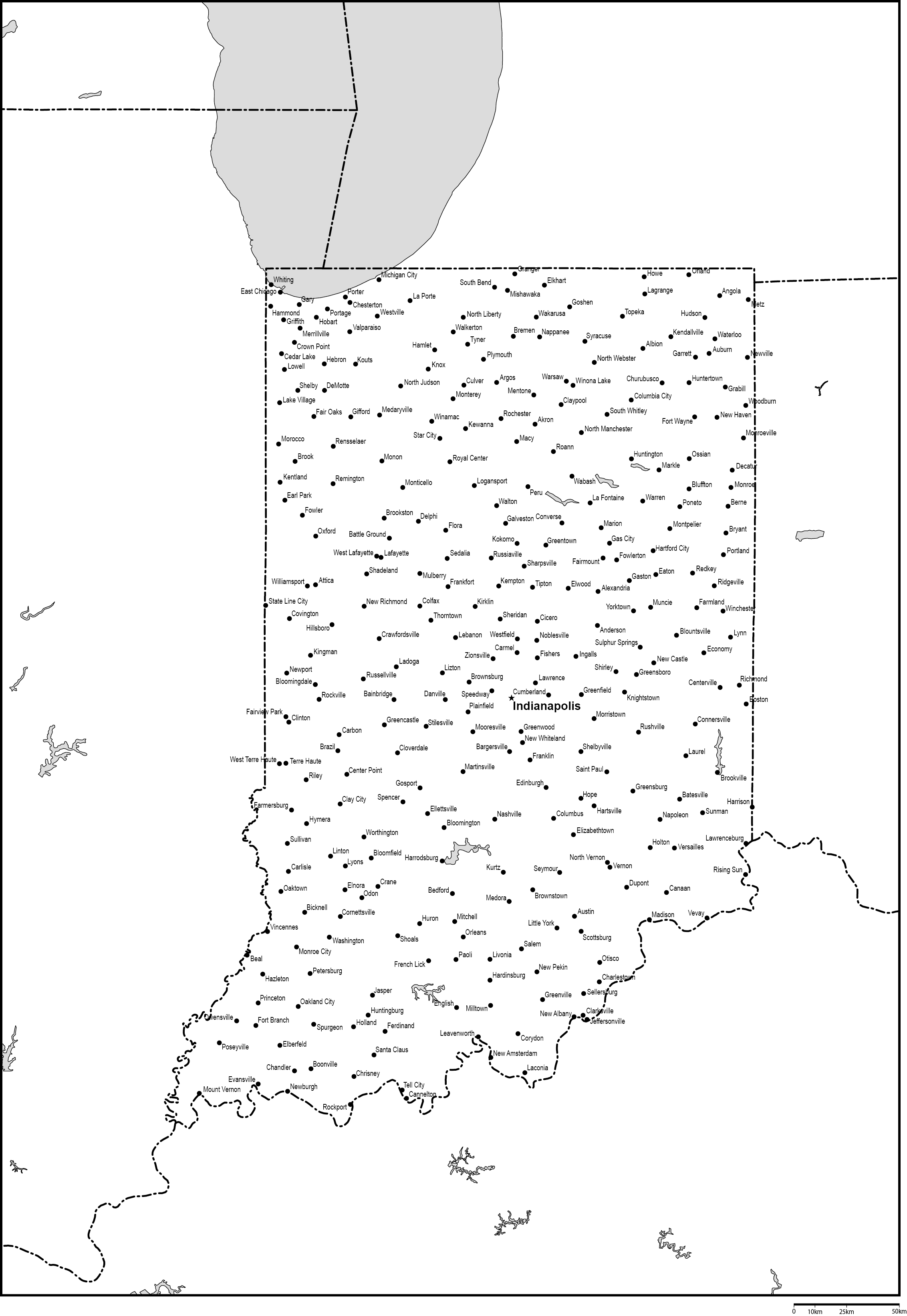 インディアナ州白地図州都・主な都市あり(英語)フリーデータの画像