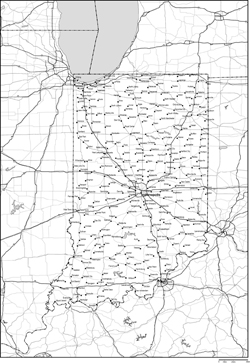 インディアナ州白地図州都・主な都市・道路あり(英語)