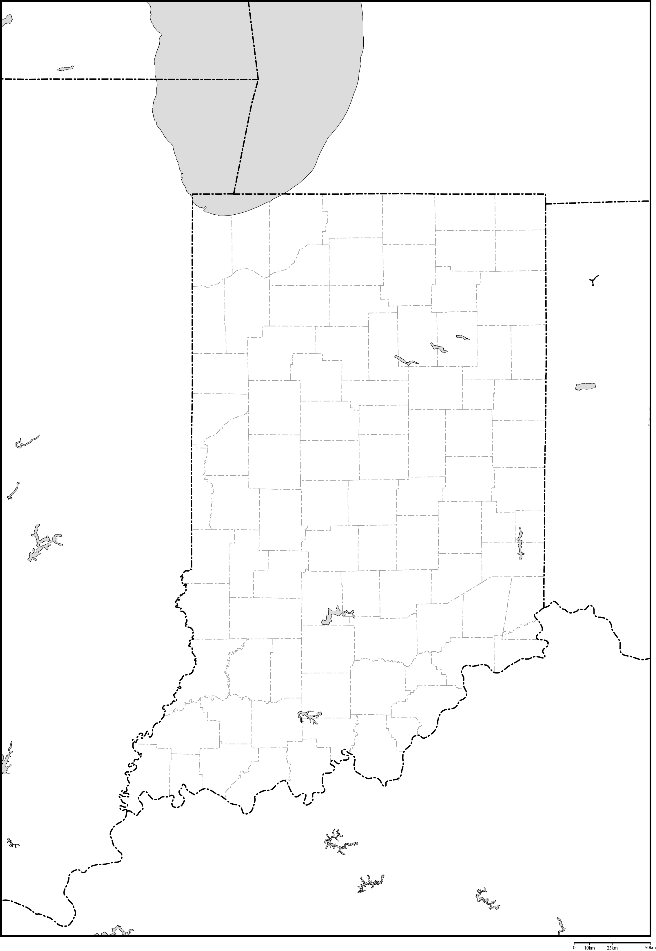 インディアナ州郡分け白地図フリーデータの画像