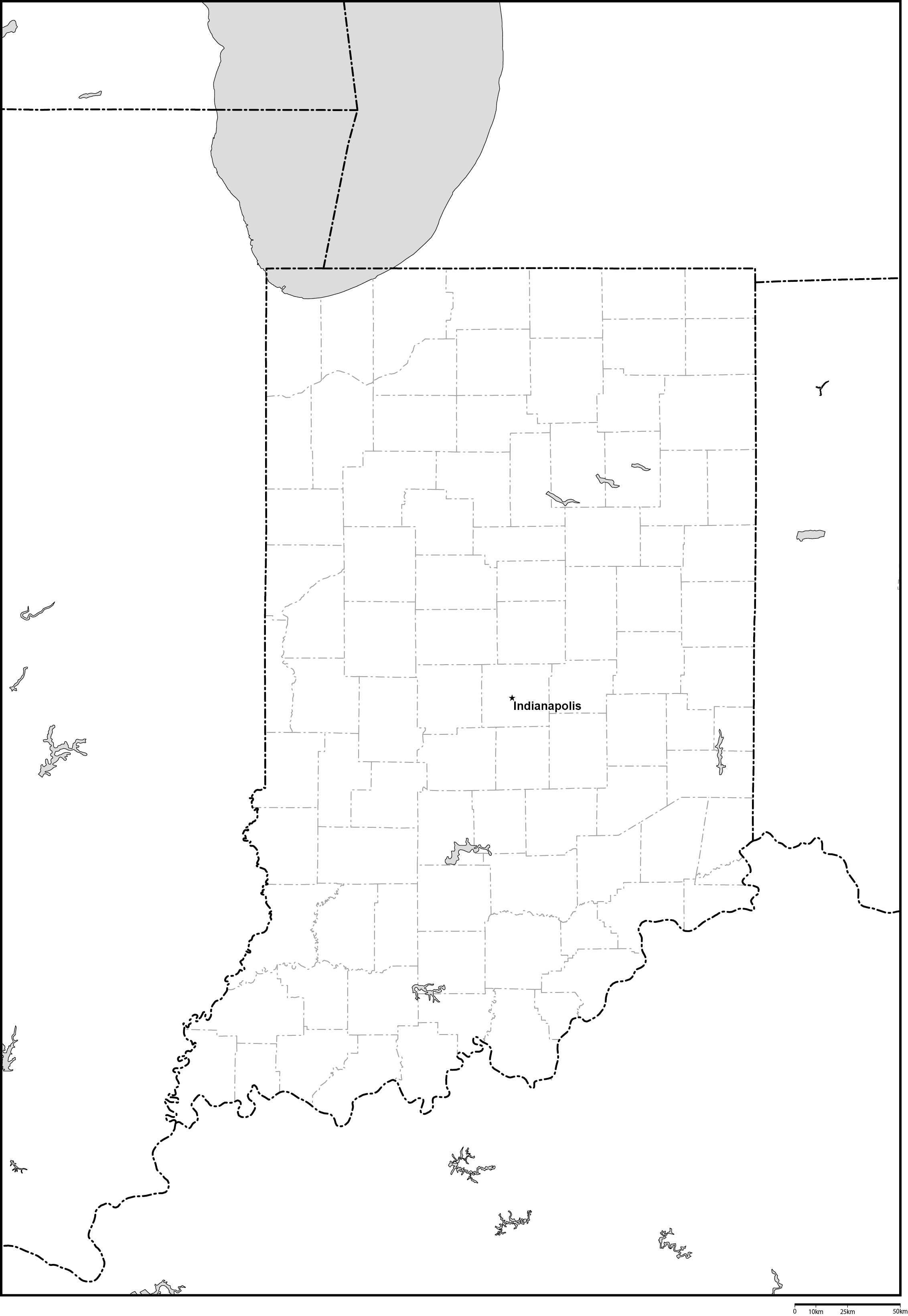 インディアナ州郡分け白地図州都あり(英語)フリーデータの画像