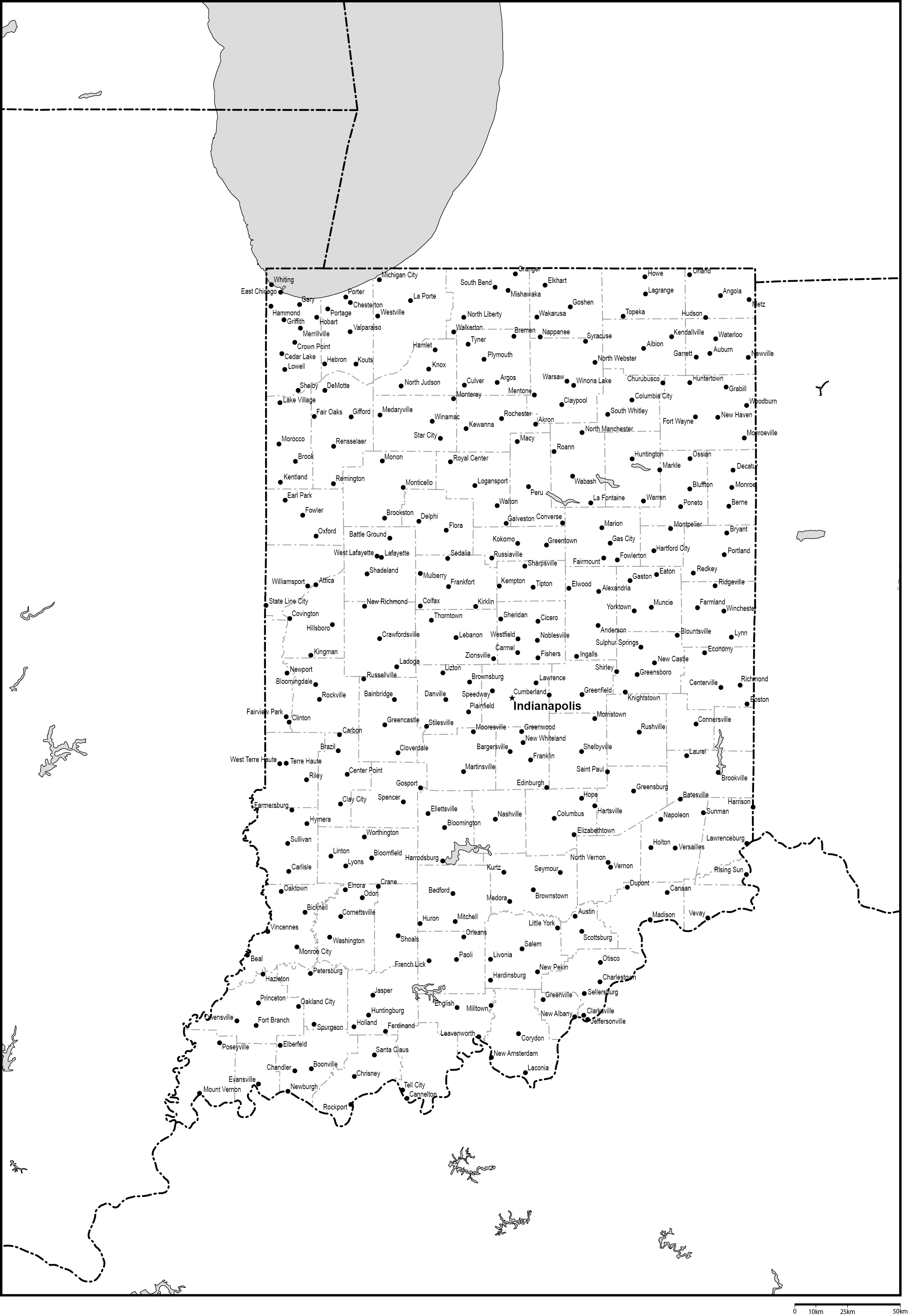 インディアナ州郡分け白地図州都・主な都市あり(英語)フリーデータの画像