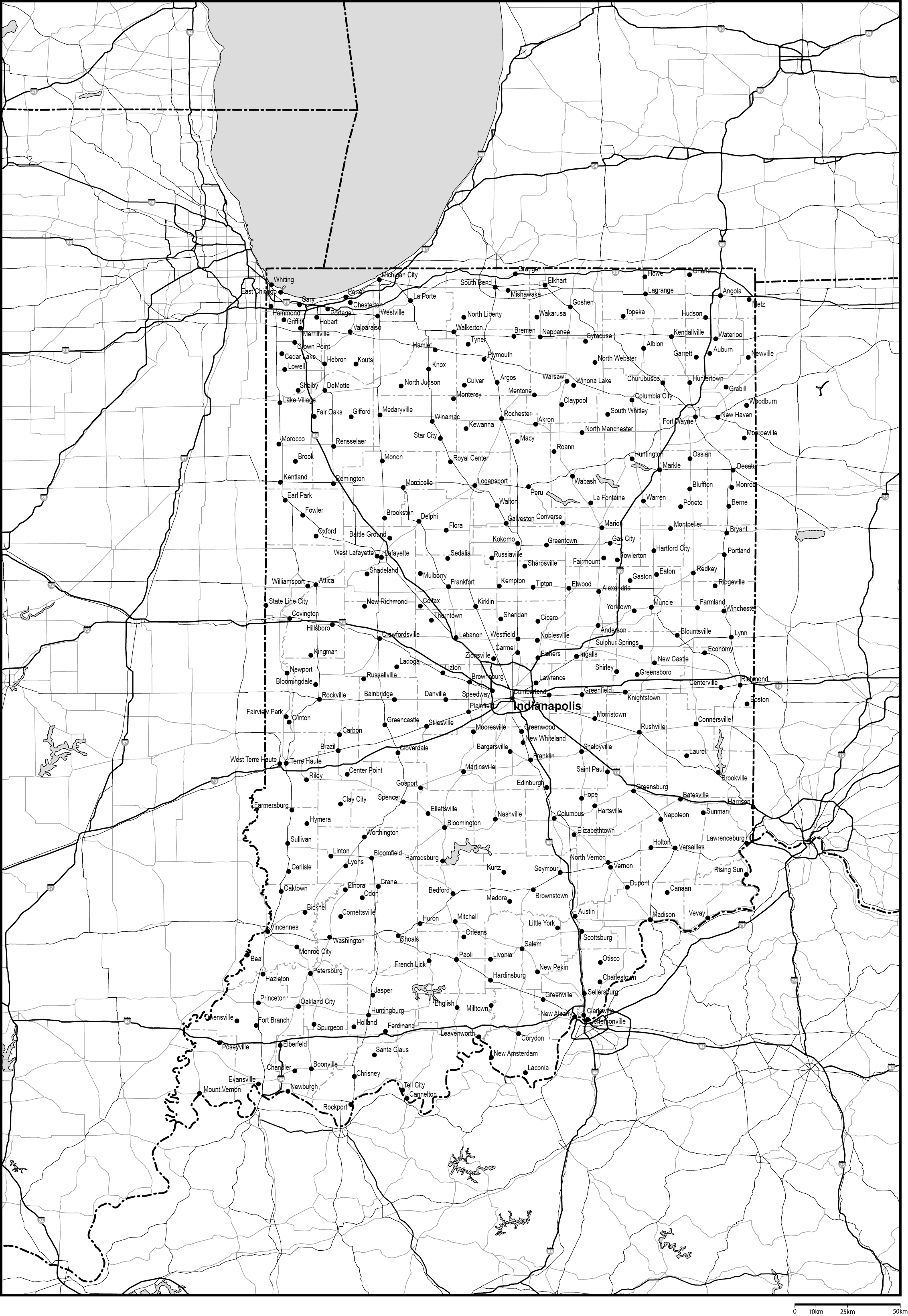 インディアナ州郡分け白地図州都・主な都市・道路あり(英語)フリーデータの画像